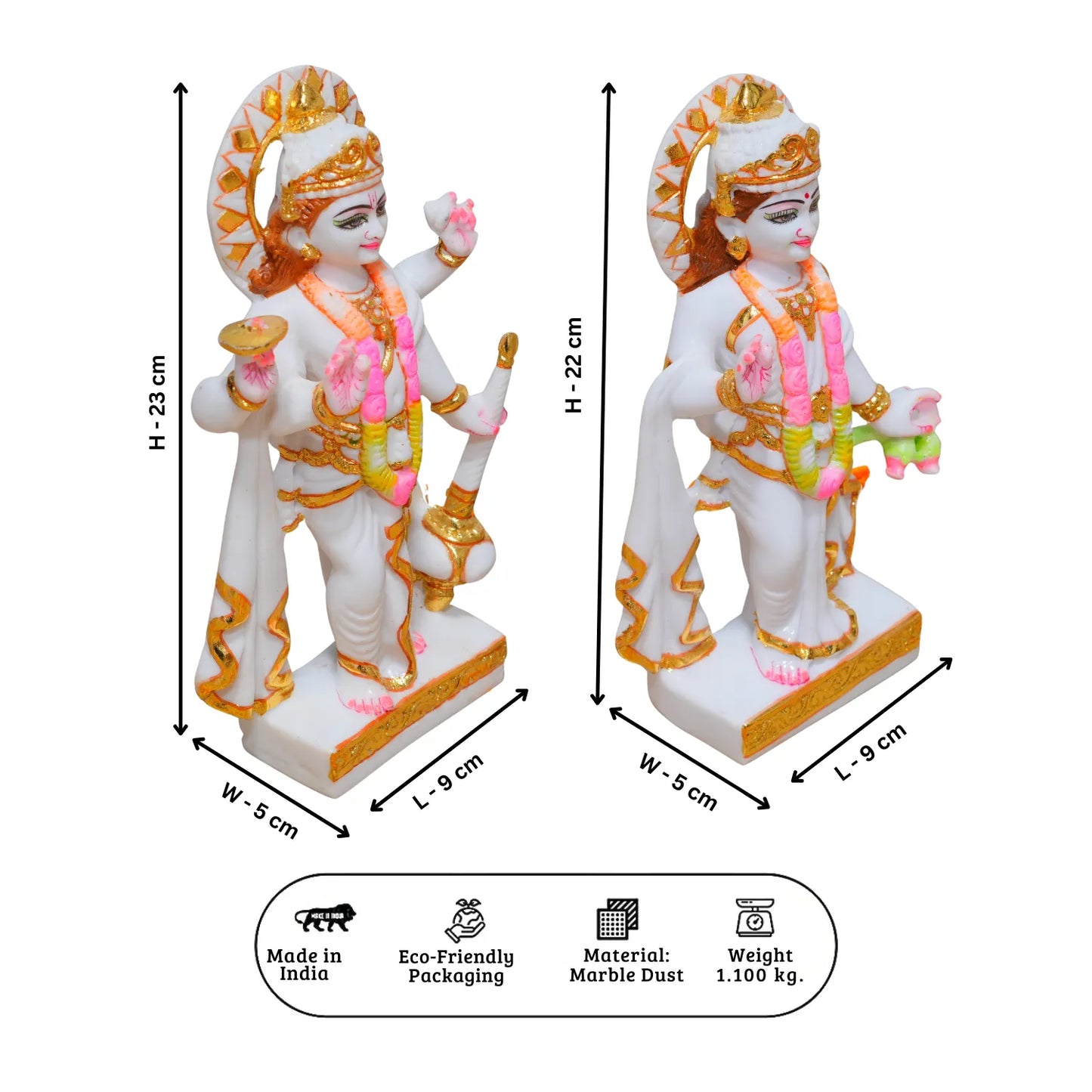 Two statues with measurements on a white background