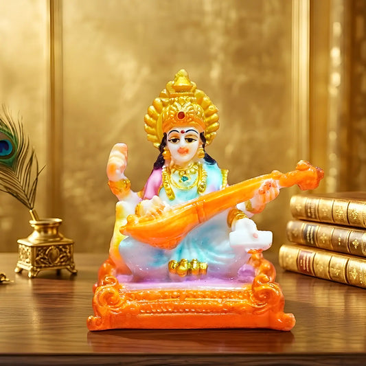 Maa Saraswati Resin Idol with Veena – 7 cm Mini Statue for Home Temple, Study Table & Car Dashboard | Spiritual Decorative Showpiece (Multicolor) Upharkaro