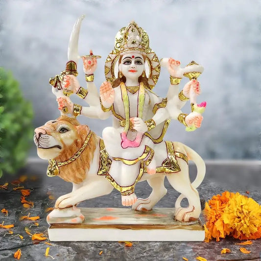 Marble Ashtabhuja Sherawali Maa Durga Idol – 9 Inch | Hindu Goddess Statue for Home Temple, Pooja Room & Gifting | Antique Finish Decorative Murti for Mandir & Decor Upharkaro