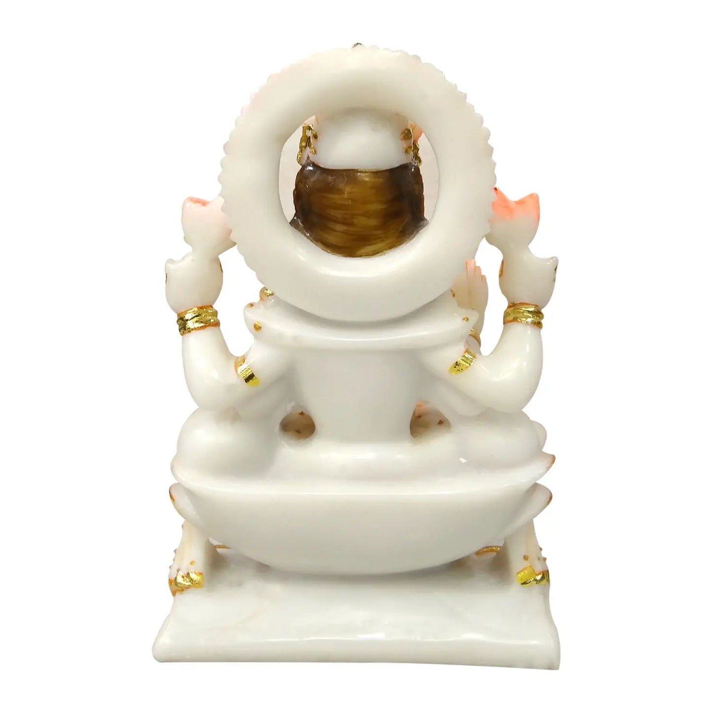 White marble statue of a deity with gold accents on a white background