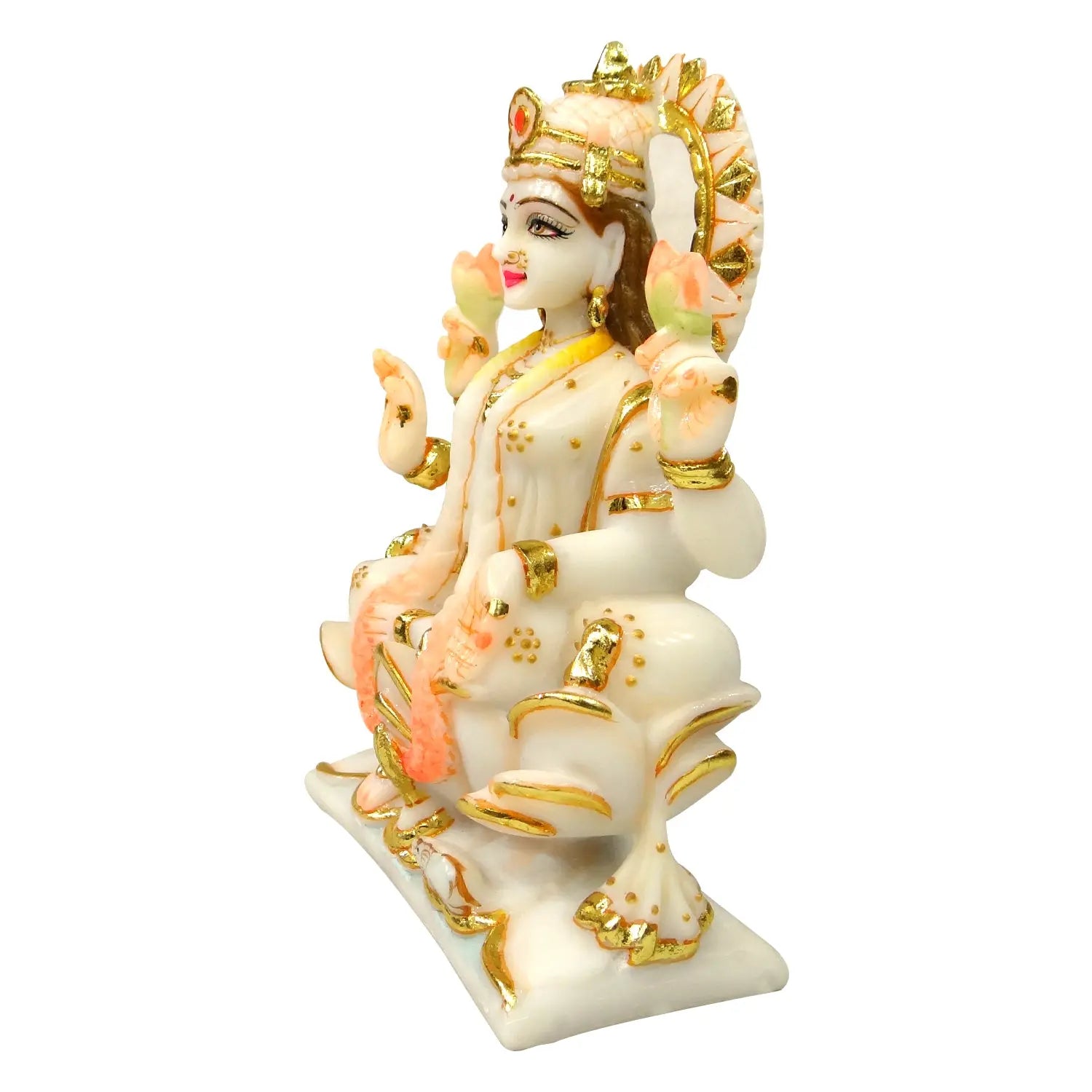 Decorative statue of a deity with gold and pink accents on a white background