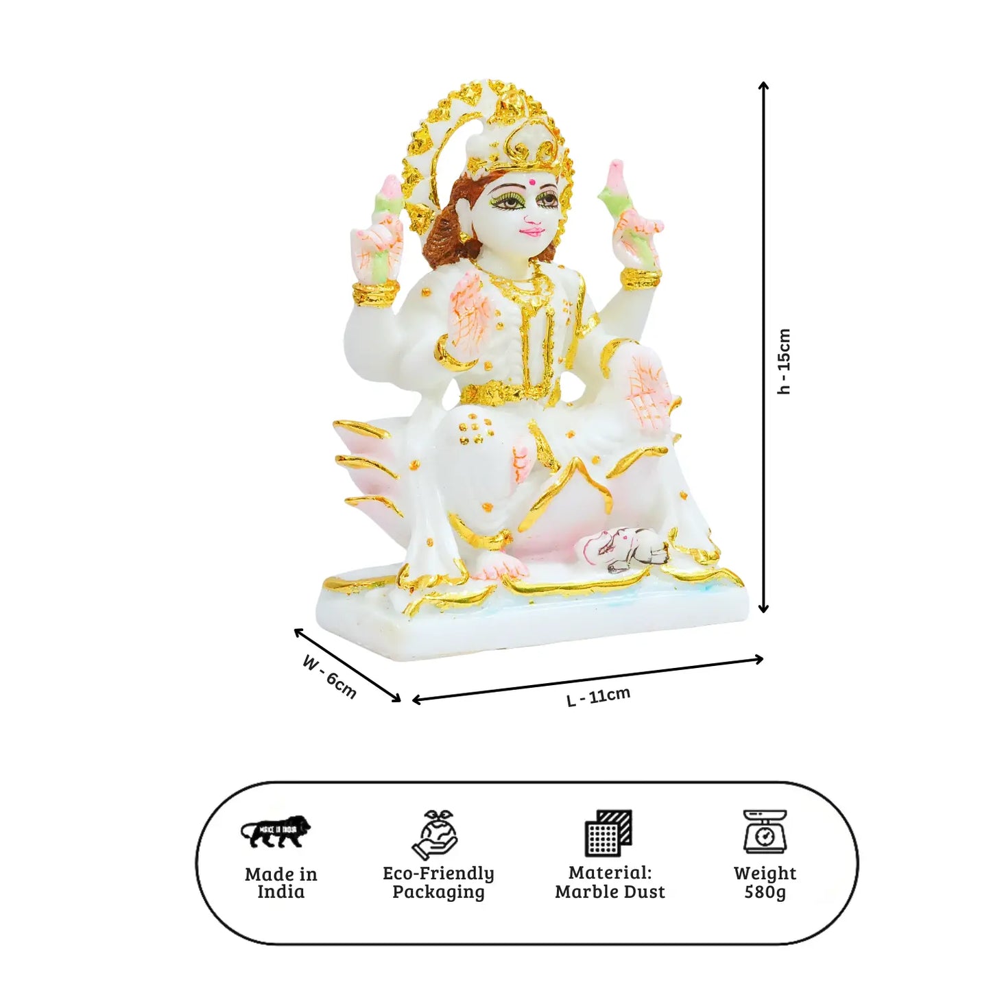 Decorative statue with measurements and product details on a white background