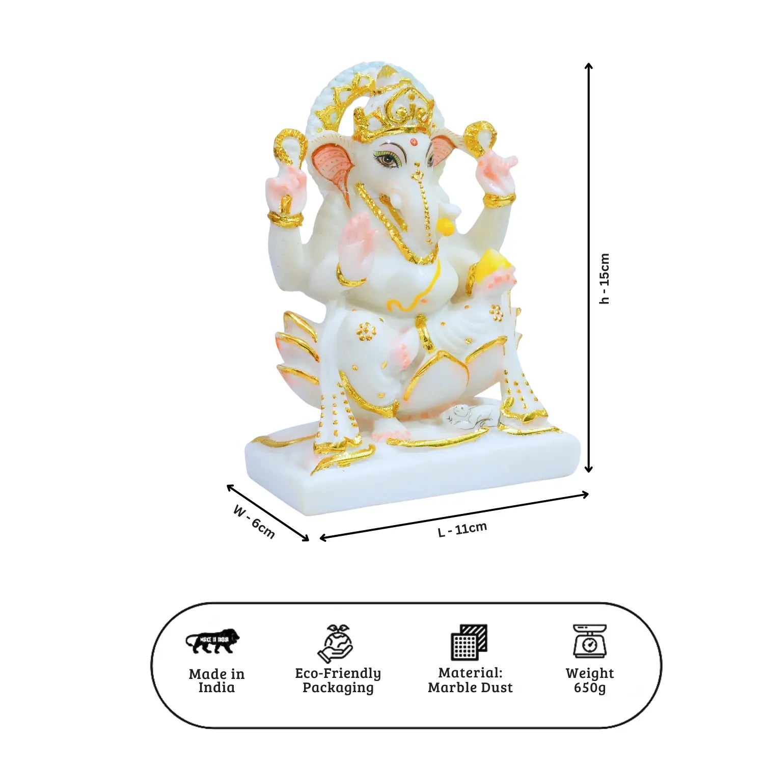 Decorative statue of a deity with measurements on a white background