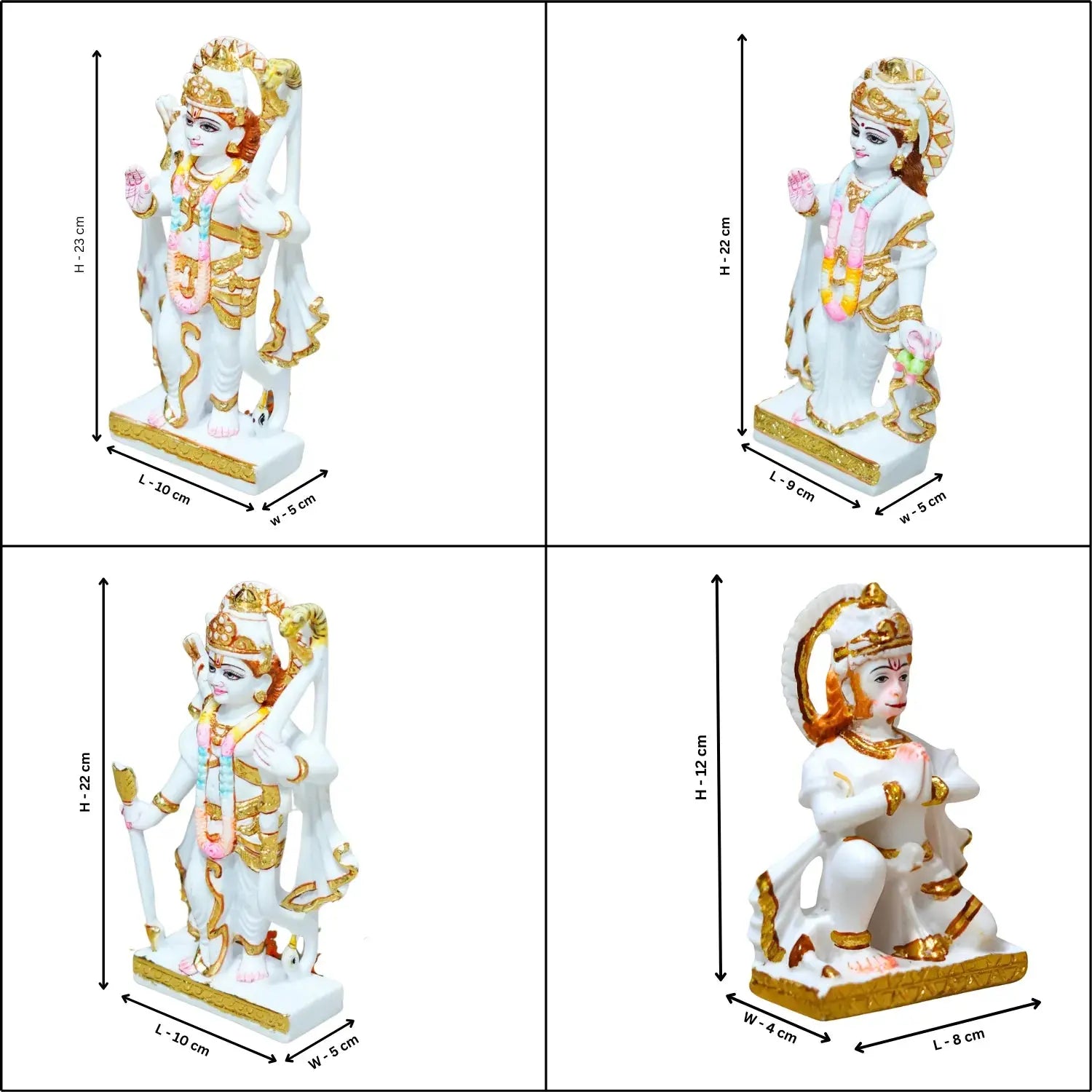 Four views of a decorative statue with measurements