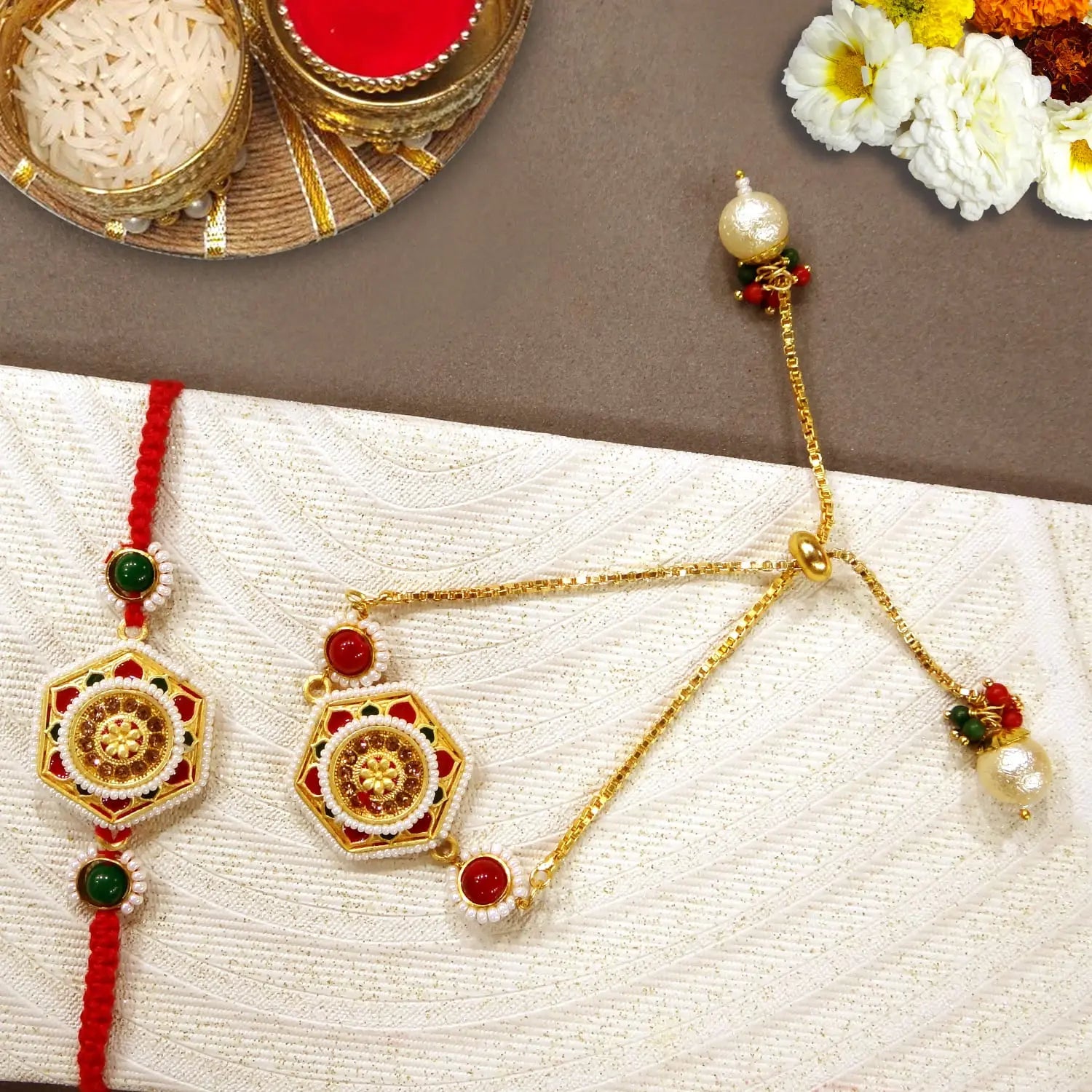 Multi-Colour Pearl Lumba Rakhi for Bhabhi – Designer Bhaiya Bhabhi Rakhi Combo by Upharkaro-Upharkaro