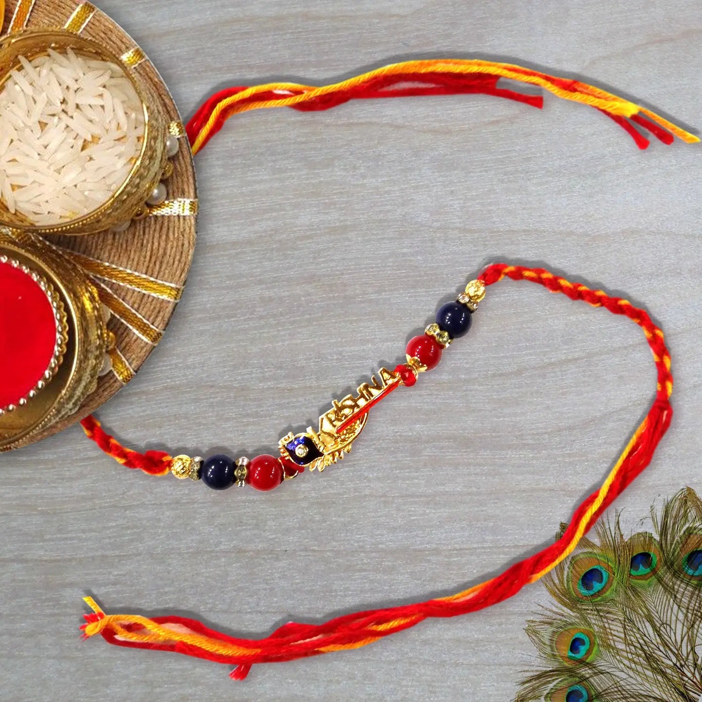 Multi Stone Morpankh Krishna Vrindavan Rakhi for Brother – Divine & Elegant Rakhi Design | Upharkaro-Upharkaro