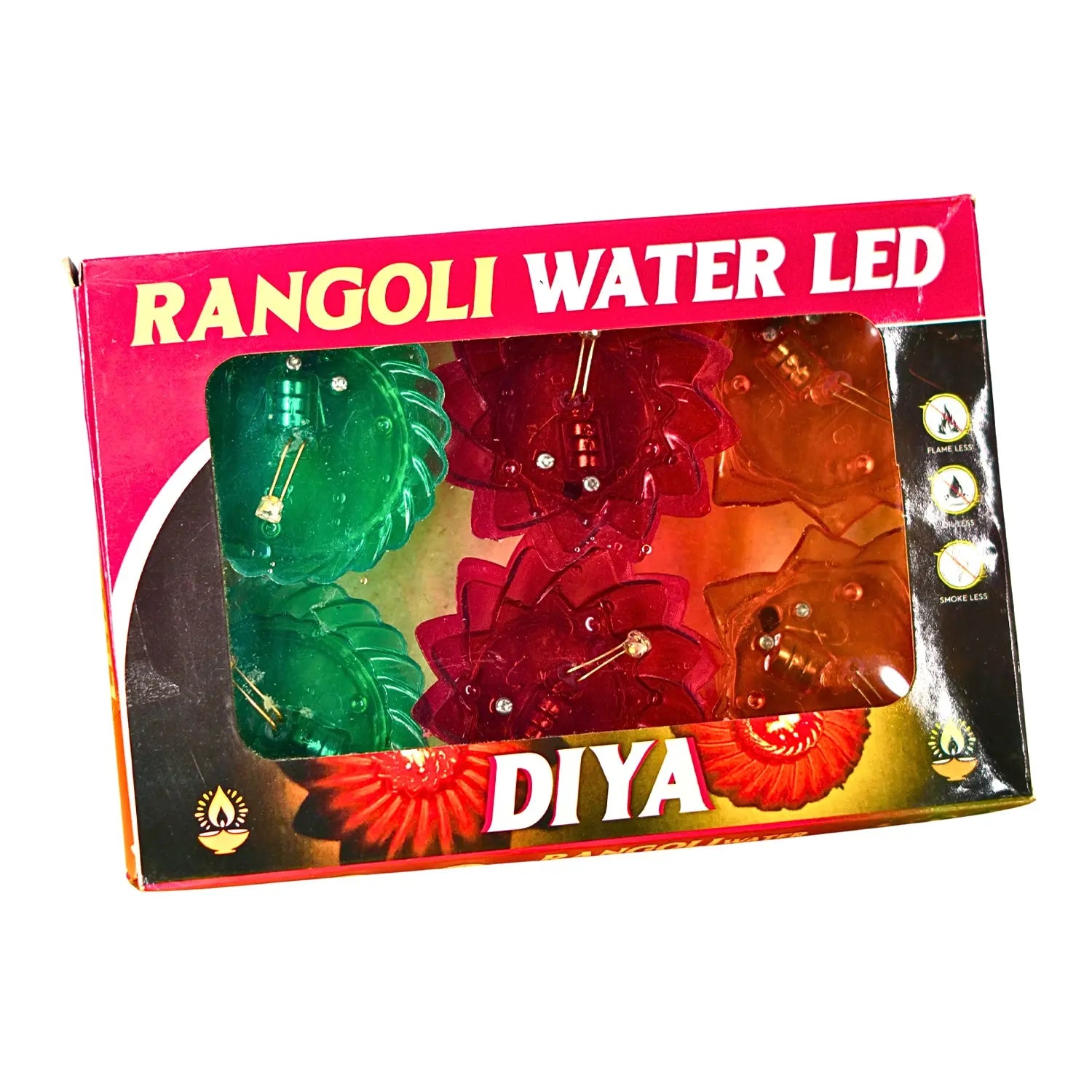 Box of Rangoli Water LED Diyas with green, red, and orange colors on a white background.