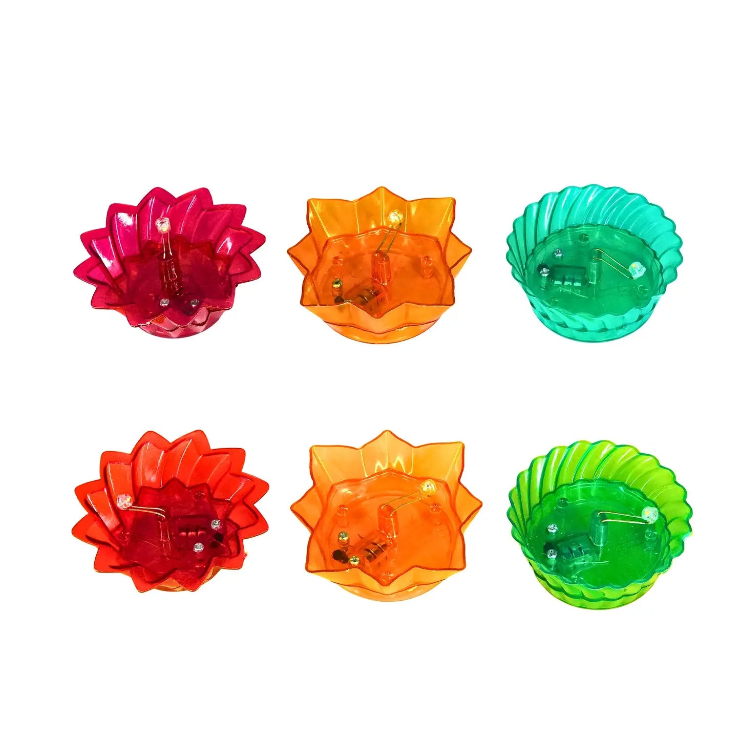 Set of six colorful plastic lotus flower-shaped objects on a white background