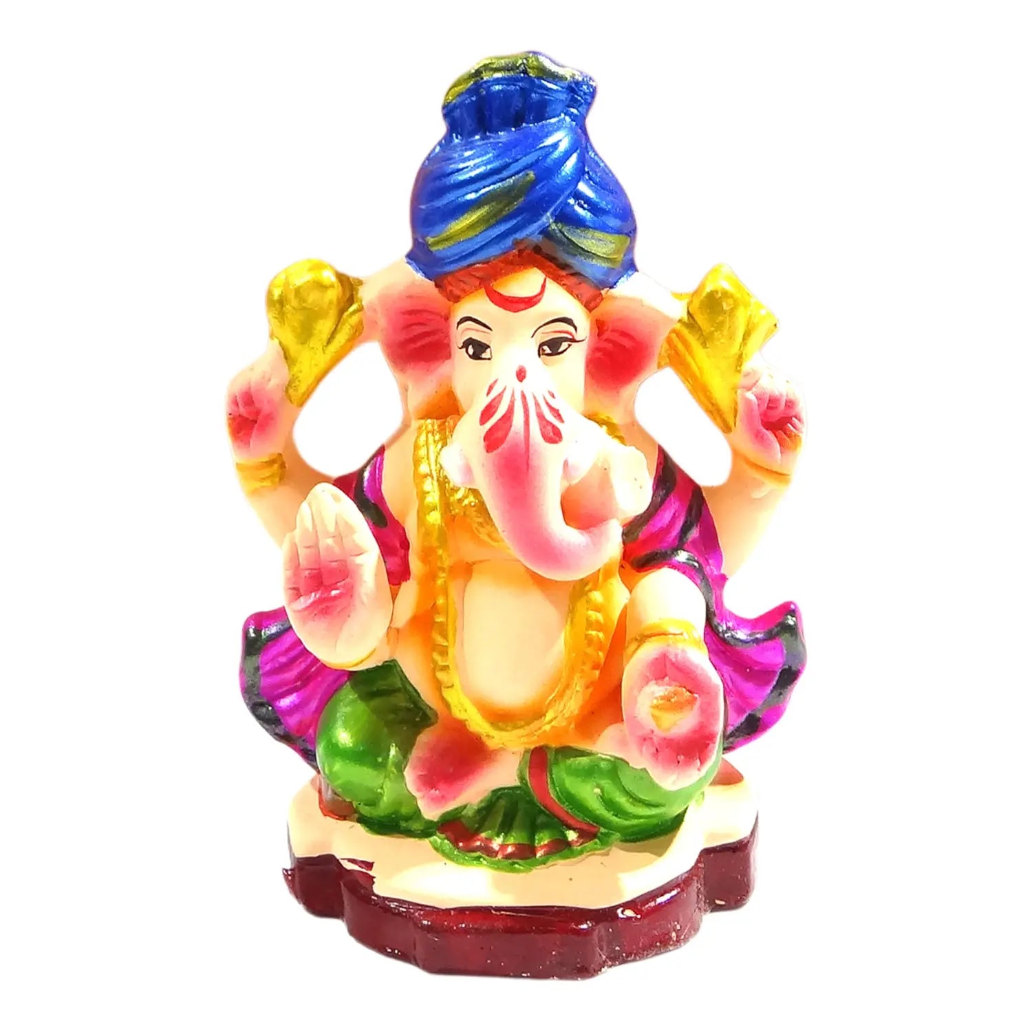 Colorful statue of a deity with a blue turban on a white background
