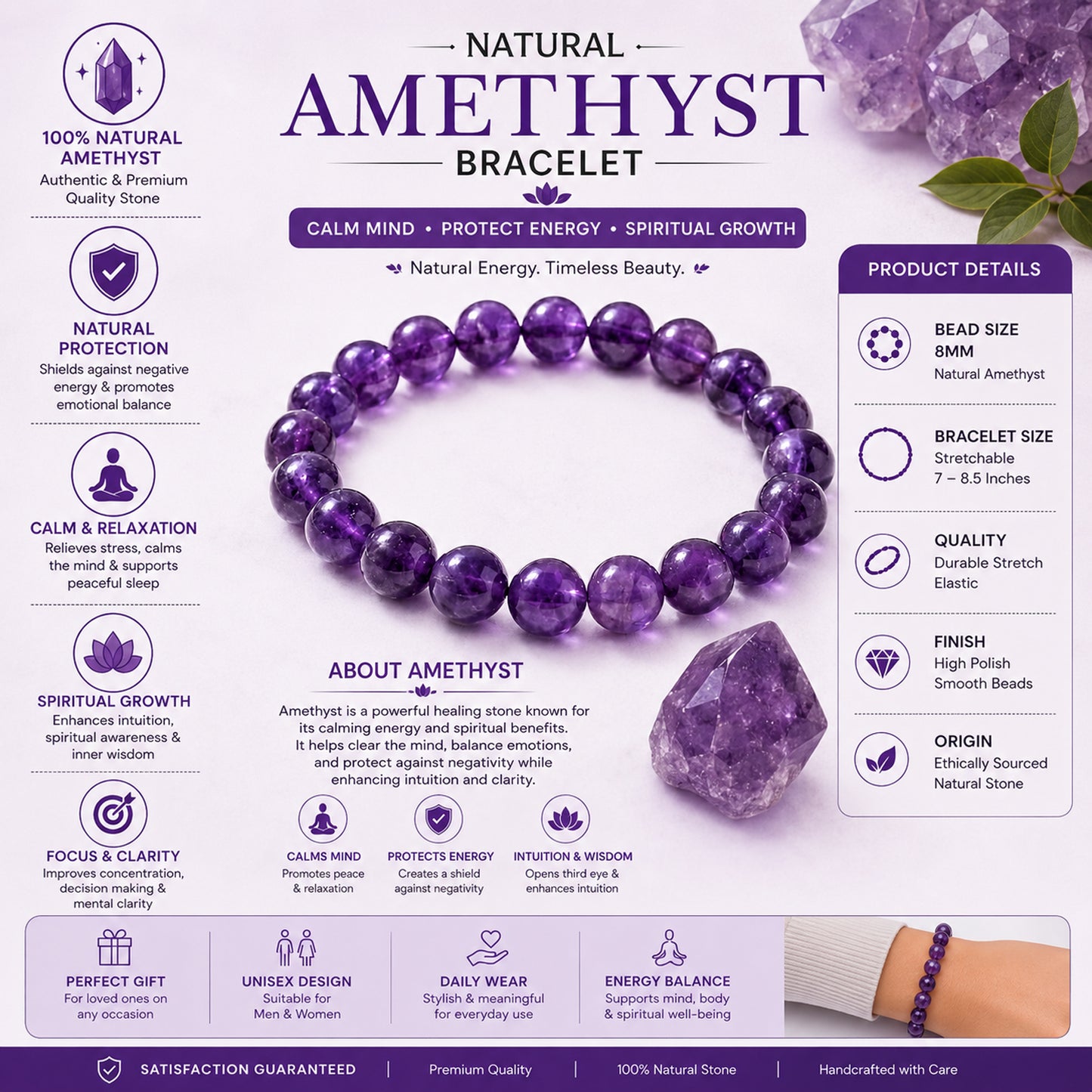 Upharkaro Lab Certified Natural Amethyst Stone Bracelet for Men & Women | Healing, Protection, Peace & Positive Energy Crystal Bracelet