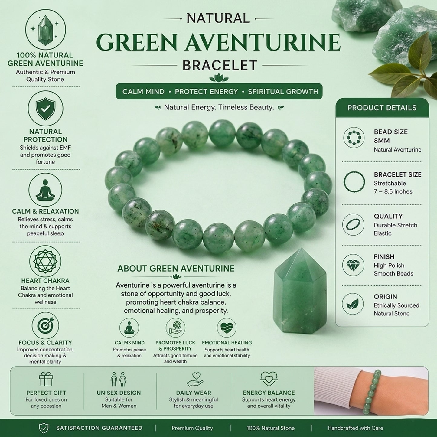 Upharkaro Lab Certified Natural Green Aventurine Stone Bracelet for Men & Women | Authenticity Certificate Included | Luck, Prosperity, Success & Positive Energy Crystal Bracelet