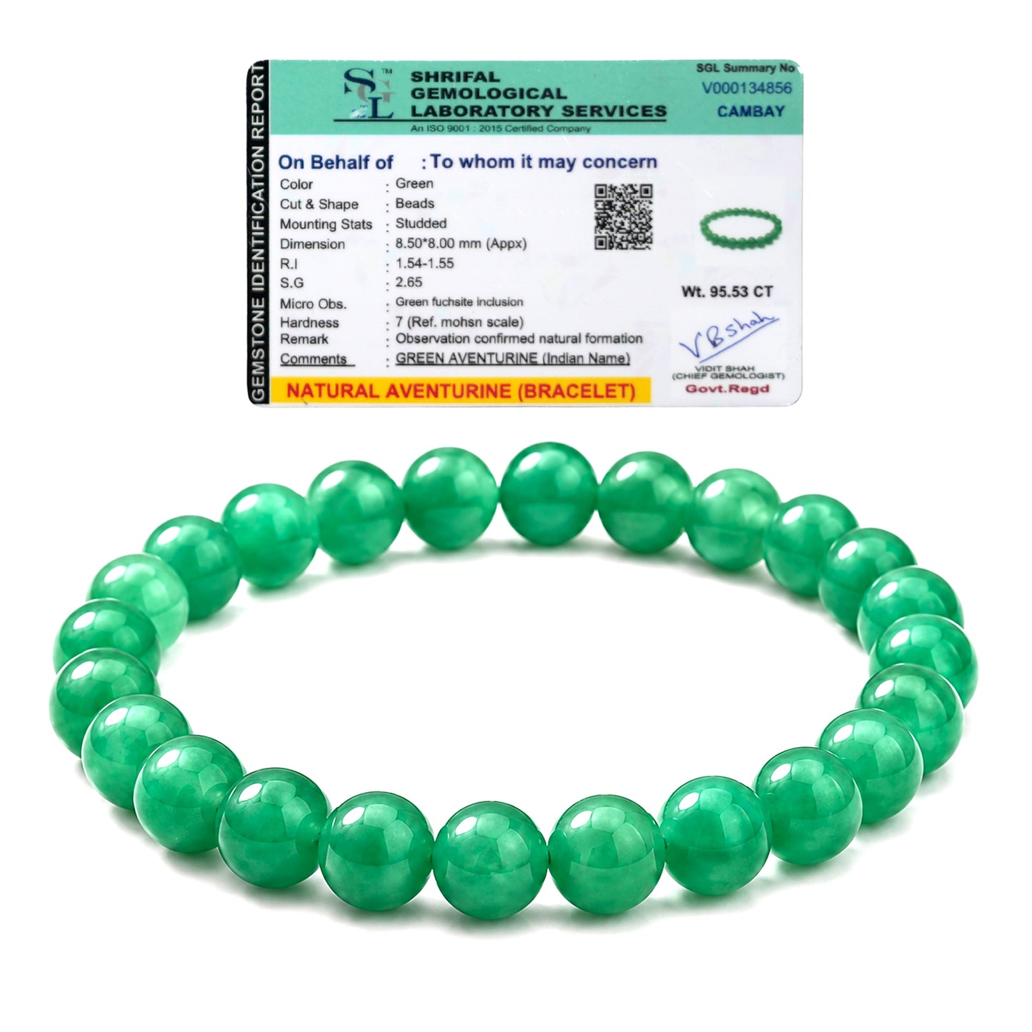 Upharkaro Lab Certified Natural Green Aventurine Stone Bracelet for Men & Women | Authenticity Certificate Included | Luck, Prosperity, Success & Positive Energy Crystal Bracelet