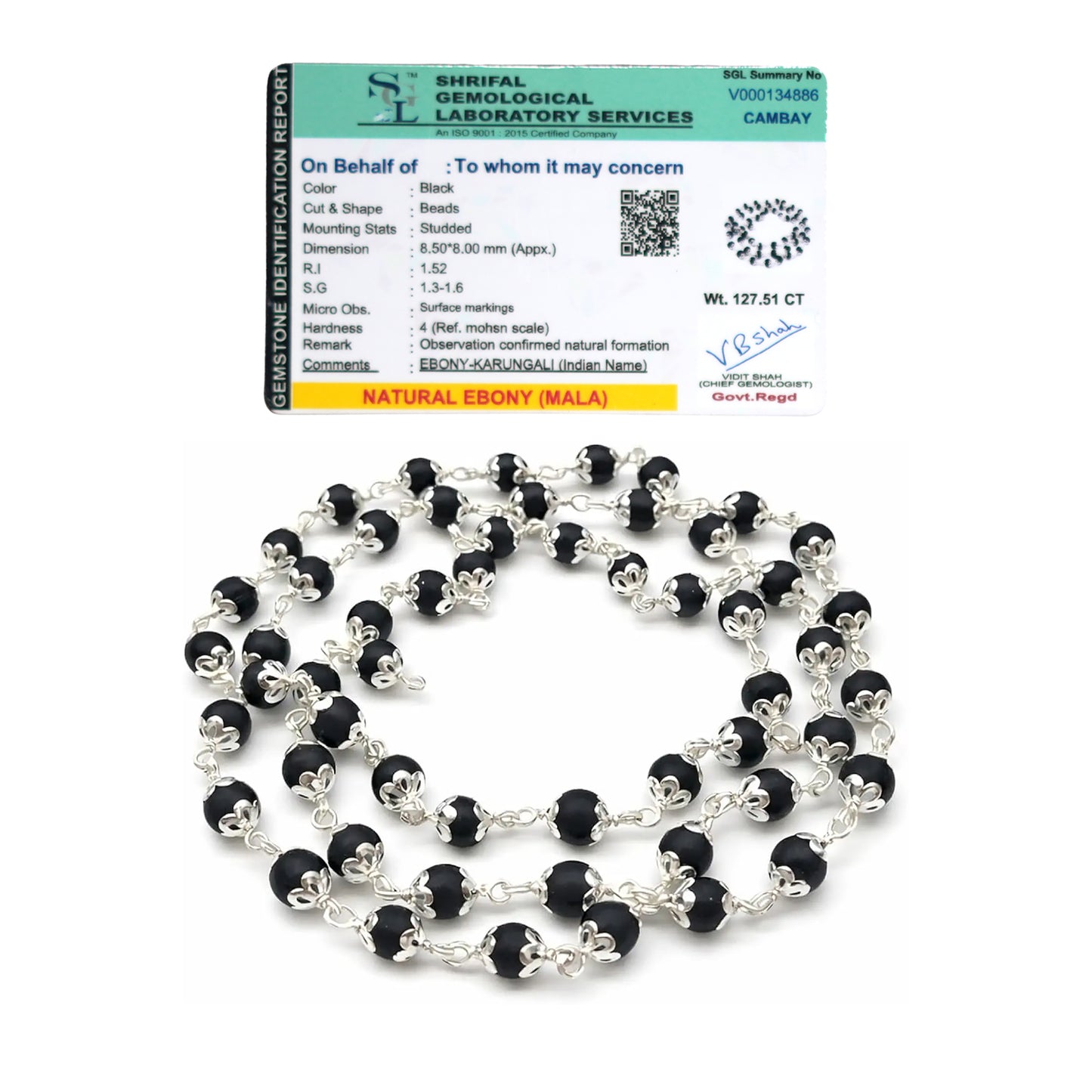 Upharkaro Lab Certified Original Karungali Mala 7mm – 54 Beads Natural Ebony Wood Mala with Silver Caps | Spiritual Prayer, Meditation, Positive Energy & Daily Wear Necklace for Men & Women