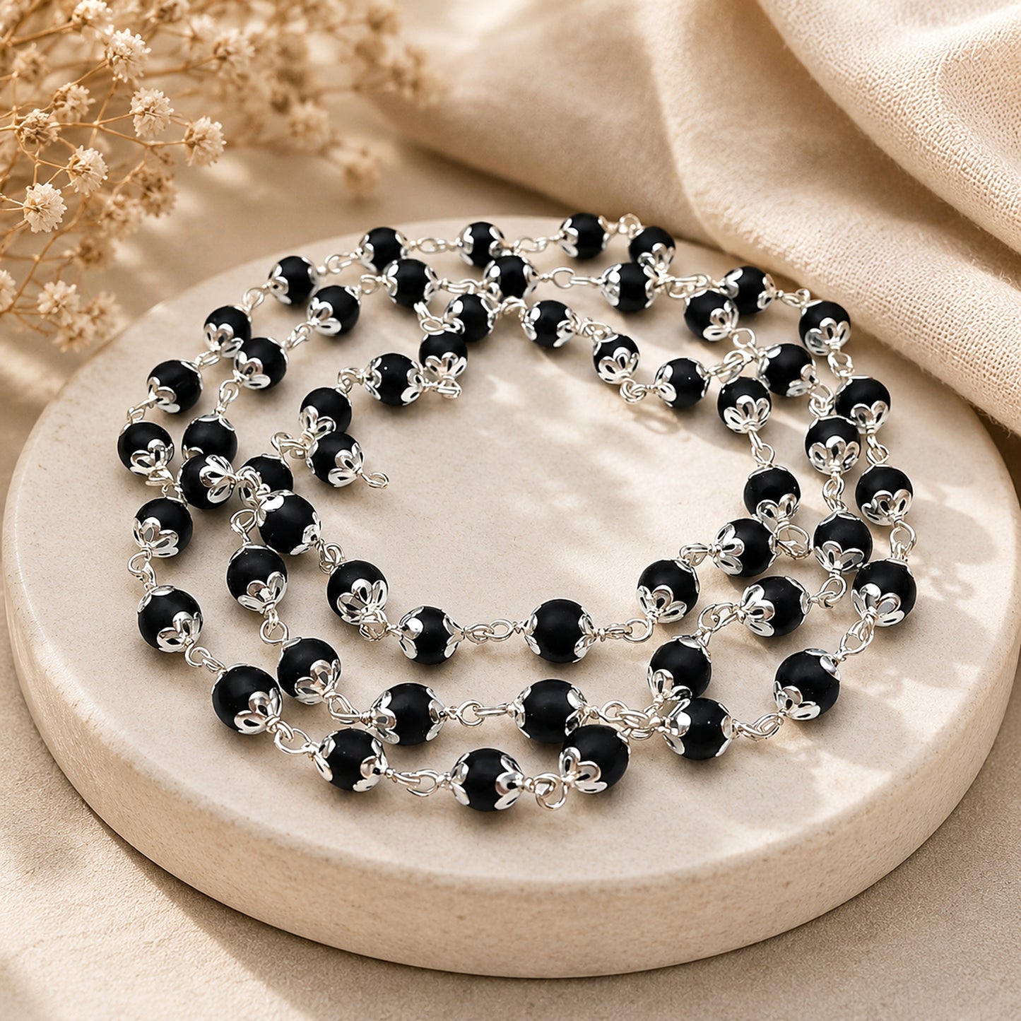 Upharkaro Lab Certified Original Karungali Mala 7mm – 54 Beads Natural Ebony Wood Mala with Silver Caps | Spiritual Prayer, Meditation, Positive Energy & Daily Wear Necklace for Men & Women