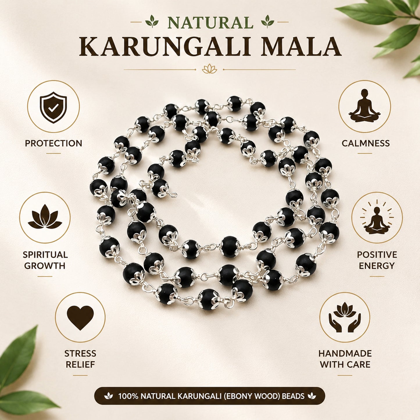 Upharkaro Lab Certified Original Karungali Mala 7mm – 54 Beads Natural Ebony Wood Mala with Silver Caps | Spiritual Prayer, Meditation, Positive Energy & Daily Wear Necklace for Men & Women