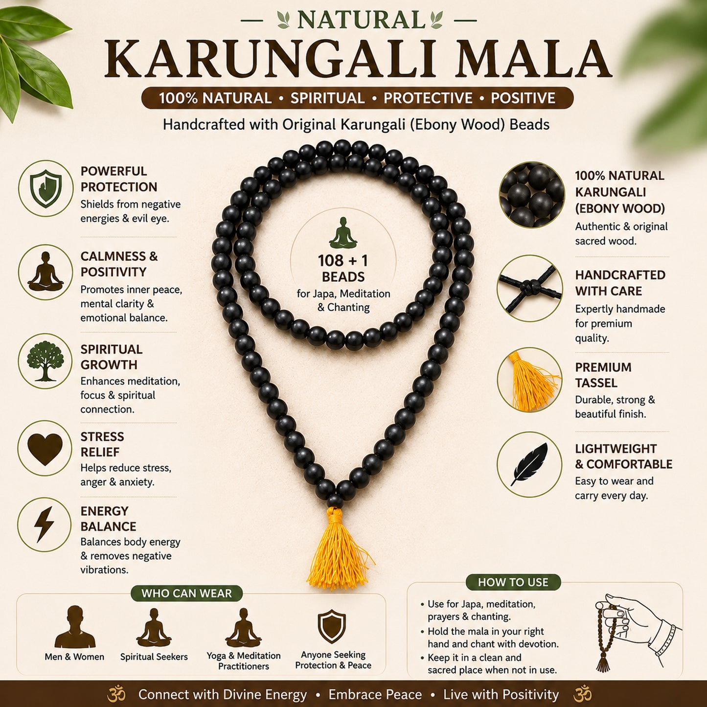 Upharkaro Lab Certified Original Karungali Mala 108 Beads | Natural Ebony Wood Japa Mala with Authenticity Certificate | Spiritual Meditation, Prayer, Protection & Positive Energy Necklace for Men & Women