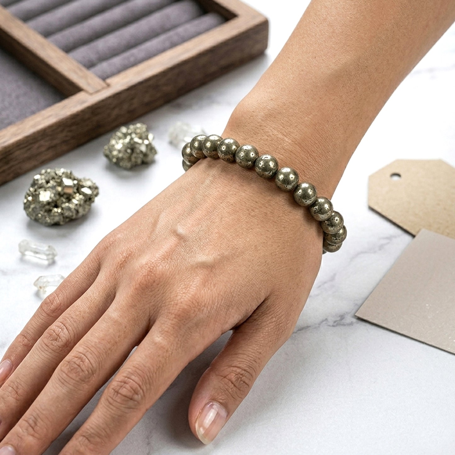 Upharkaro Lab Certified Natural Pyrite Stone Bracelet for Men & Women | Wealth, Prosperity, Success & Positive Energy Crystal Bracelet | Stretchable Healing Gemstone Bead Bracelet