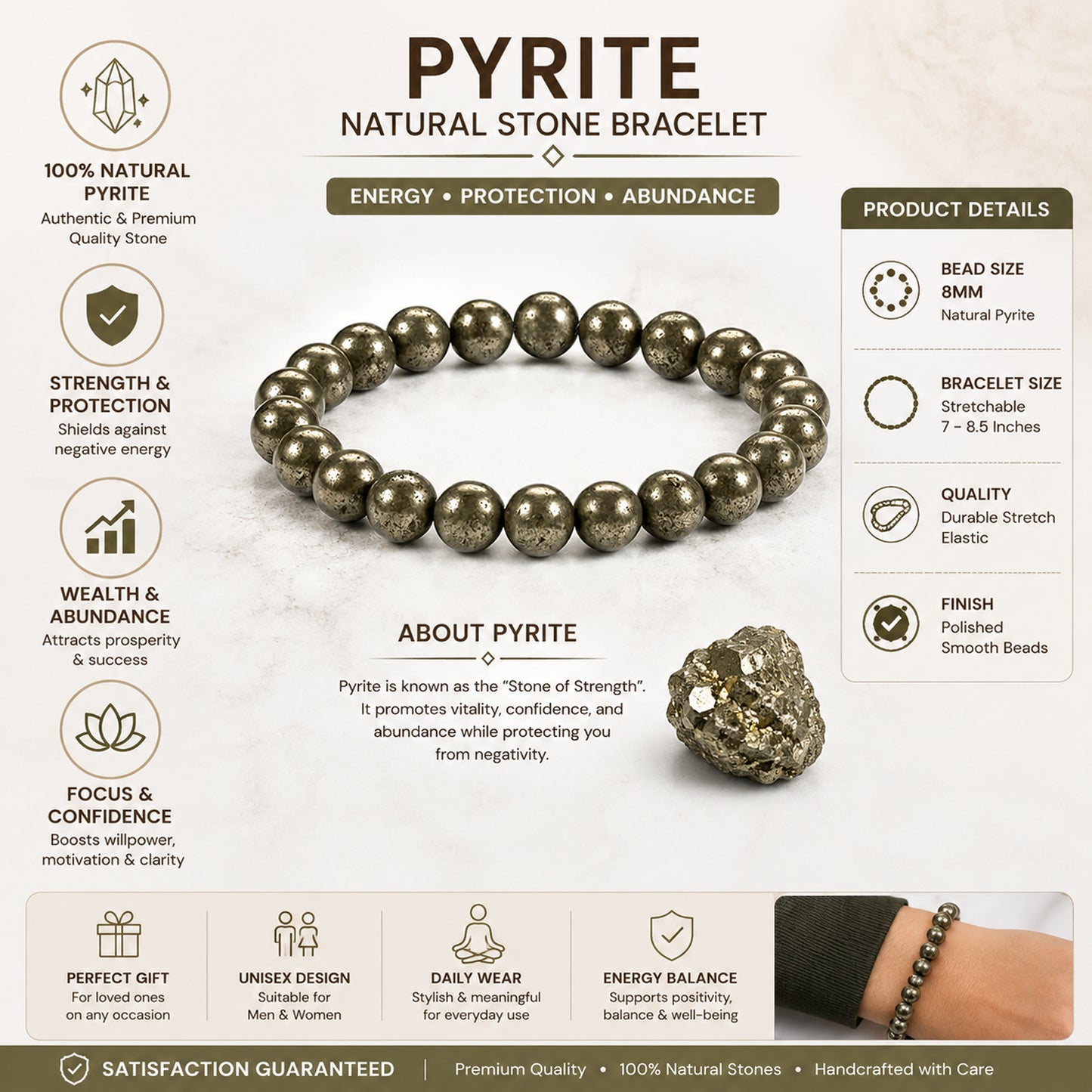 Upharkaro Lab Certified Natural Pyrite Stone Bracelet for Men & Women | Wealth, Prosperity, Success & Positive Energy Crystal Bracelet | Stretchable Healing Gemstone Bead Bracelet