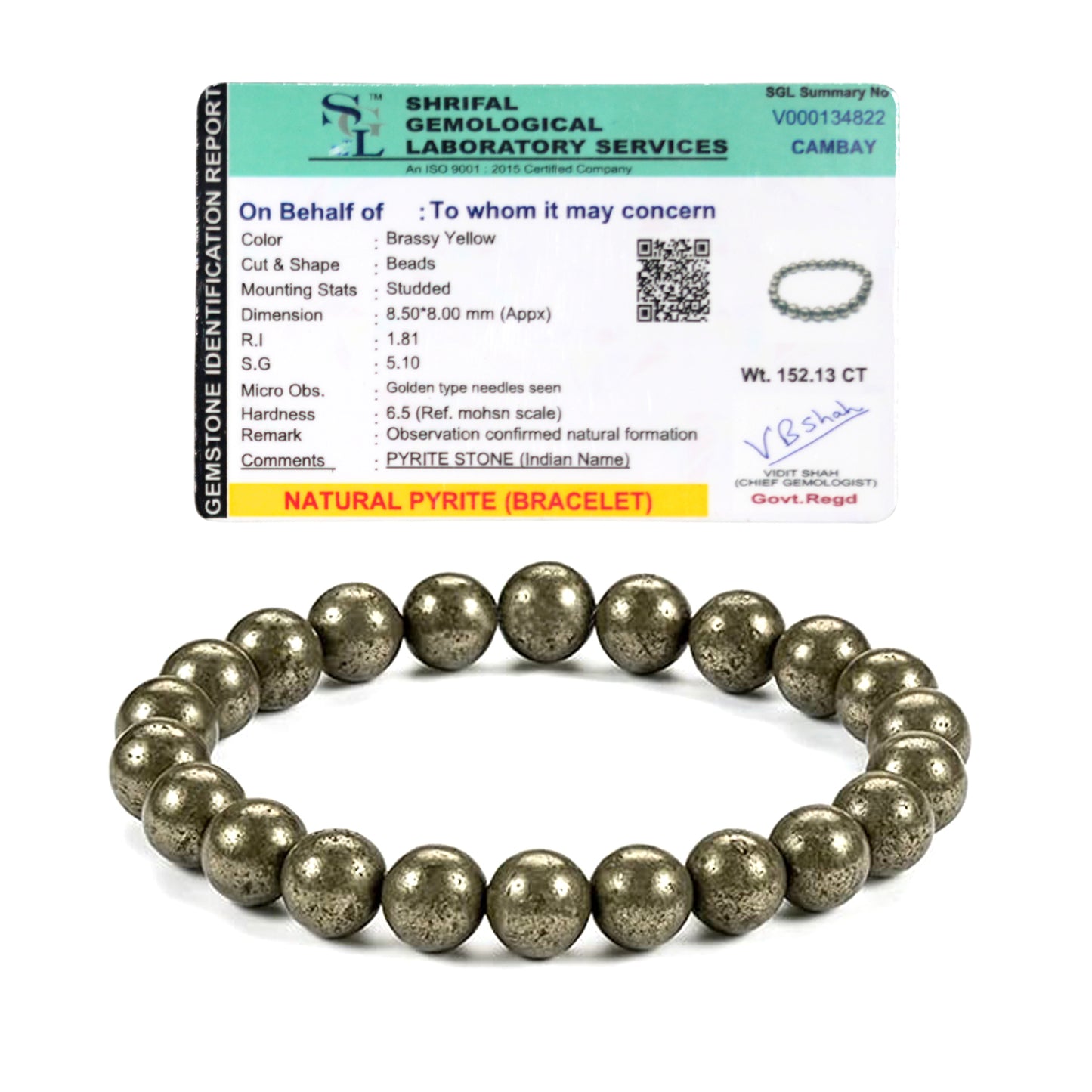 Upharkaro Lab Certified Natural Pyrite Stone Bracelet for Men & Women | Wealth, Prosperity, Success & Positive Energy Crystal Bracelet | Stretchable Healing Gemstone Bead Bracelet