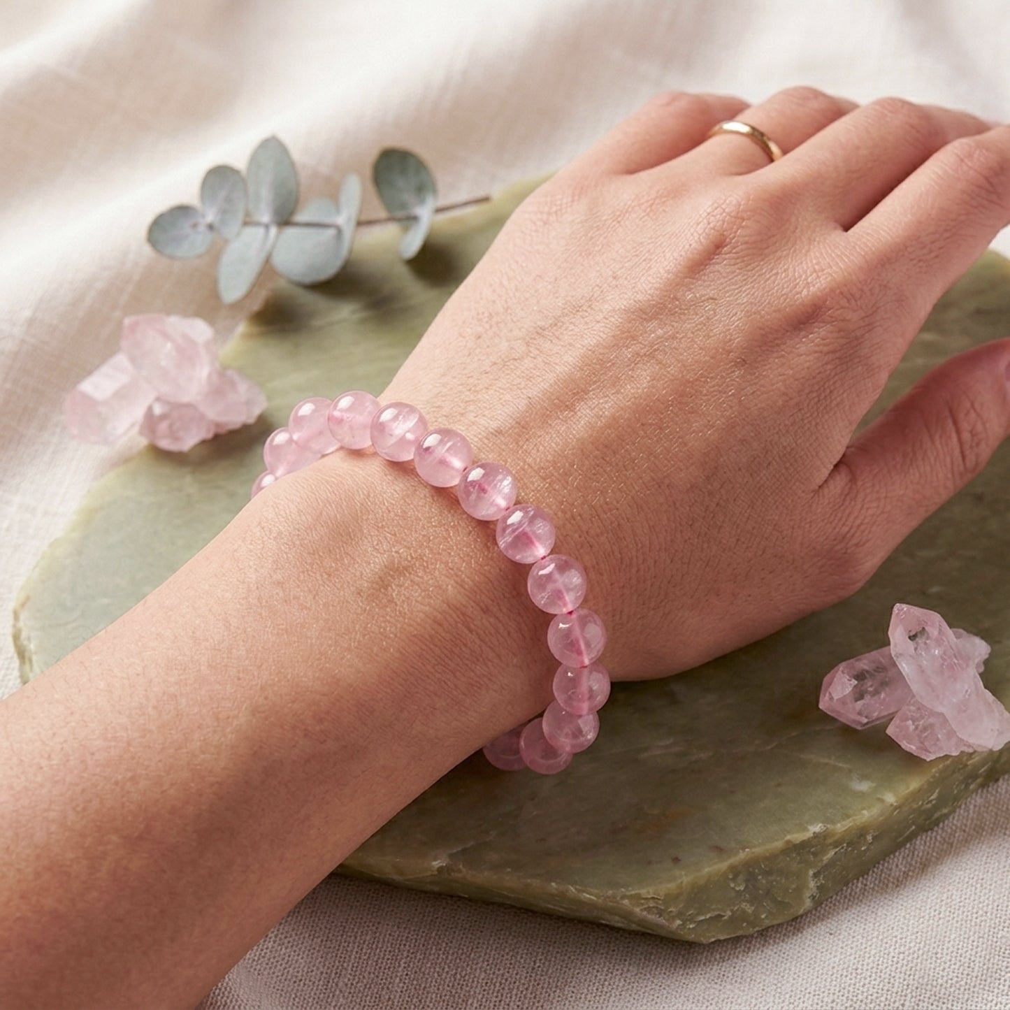 Upharkaro Lab Certified Natural Rose Quartz Stone Bracelet for Men & Women | Love, Self-Love, Emotional Healing & Positive Energy Crystal Bracelet | Stretchable Gemstone Bead Bracelet