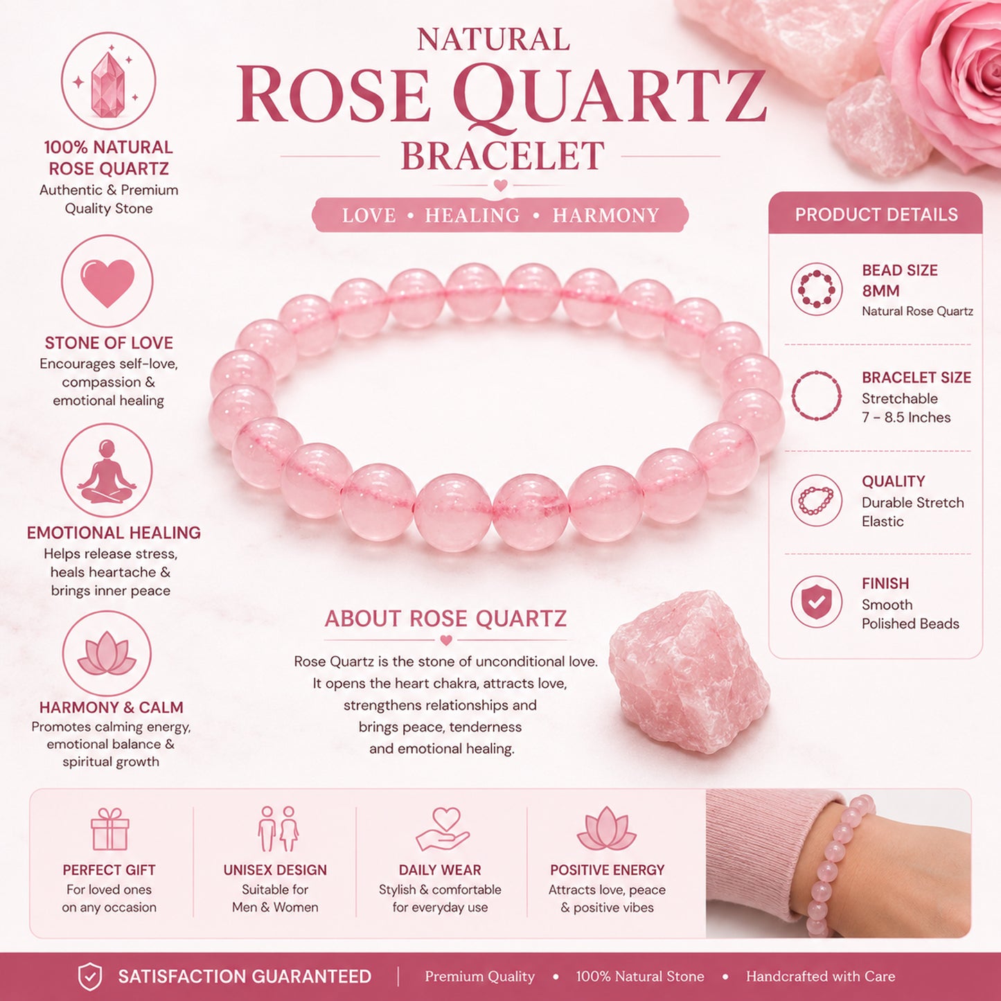 Upharkaro Lab Certified Natural Rose Quartz Stone Bracelet for Men & Women | Love, Self-Love, Emotional Healing & Positive Energy Crystal Bracelet | Stretchable Gemstone Bead Bracelet
