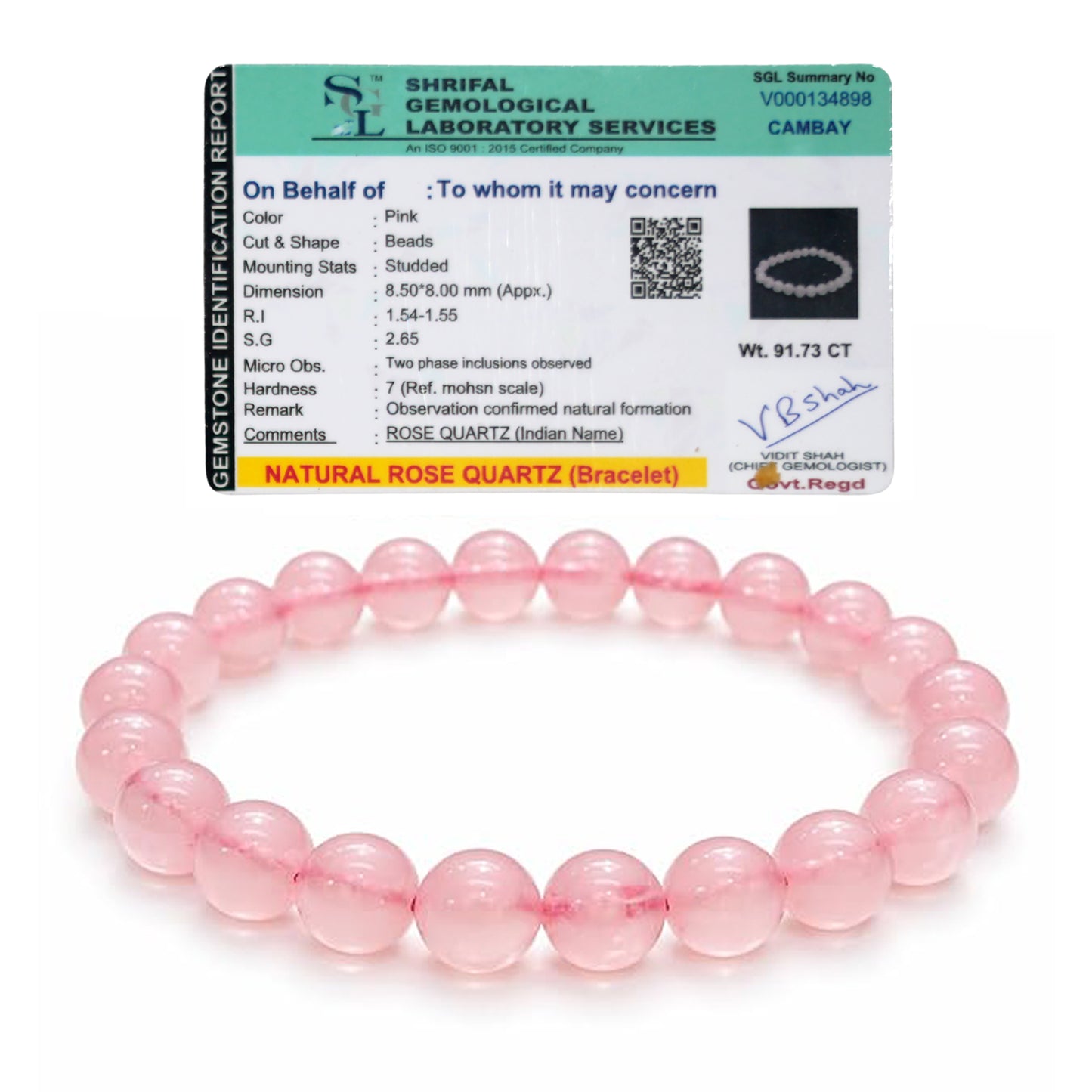 Upharkaro Lab Certified Natural Rose Quartz Stone Bracelet for Men & Women | Love, Self-Love, Emotional Healing & Positive Energy Crystal Bracelet | Stretchable Gemstone Bead Bracelet