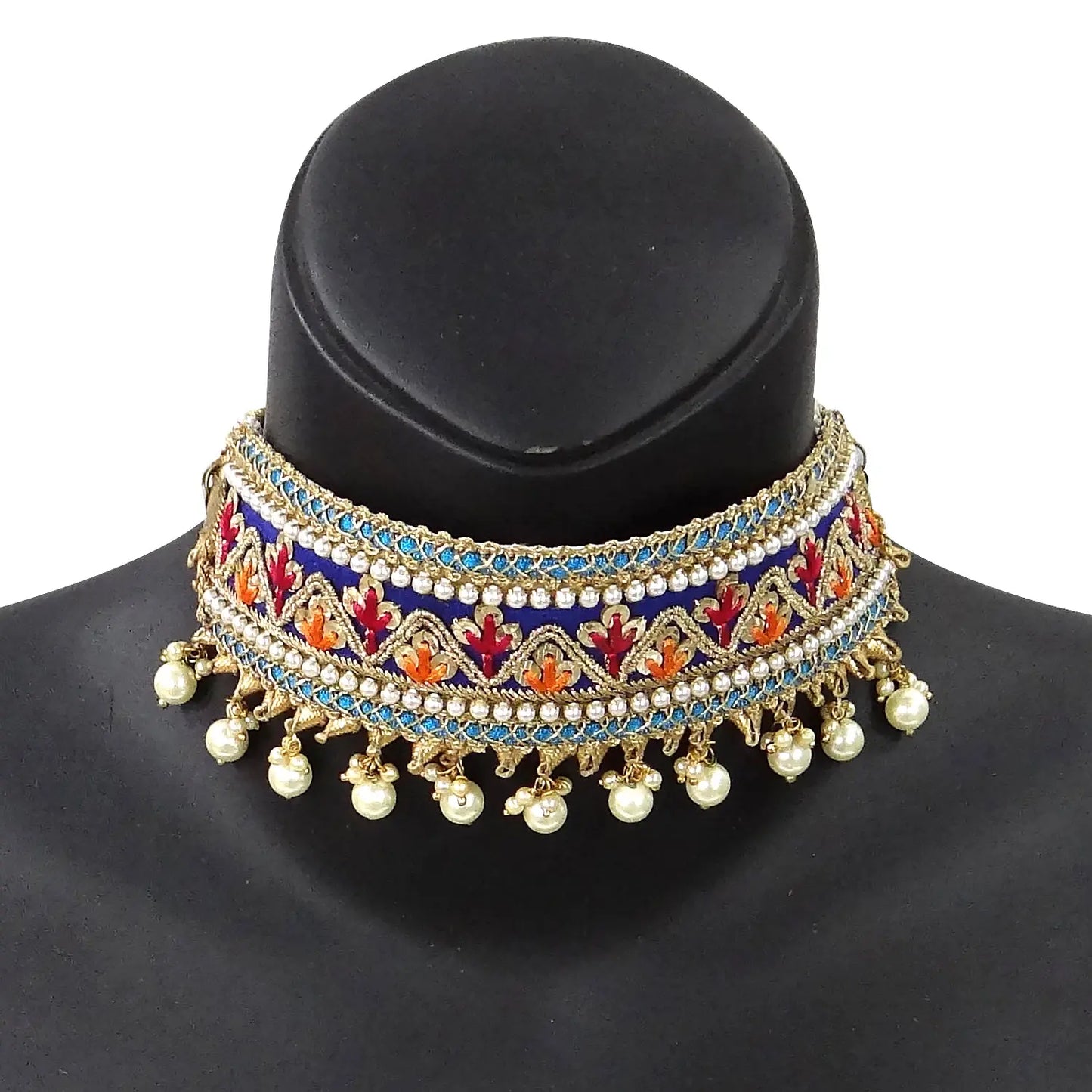 Decorative necklace with colorful stones and pearl-like beads on a black mannequin.