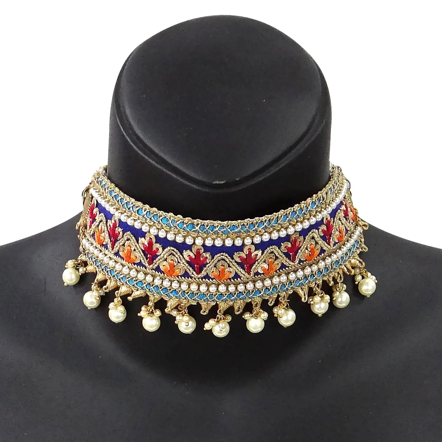 Decorative necklace with colorful stones and pearl-like beads on a black mannequin.