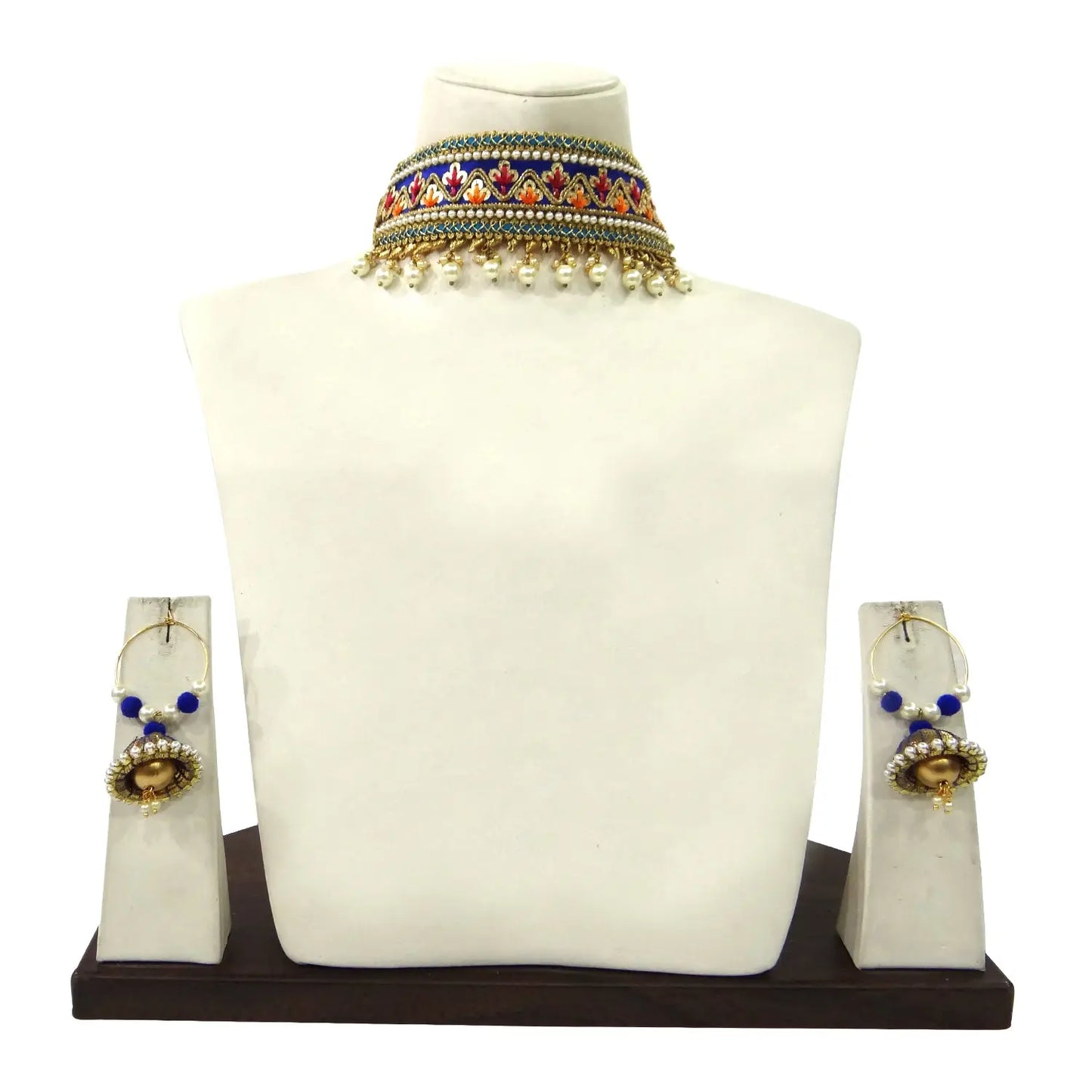 Jewelry set with necklace and earrings on a mannequin bust against a white background