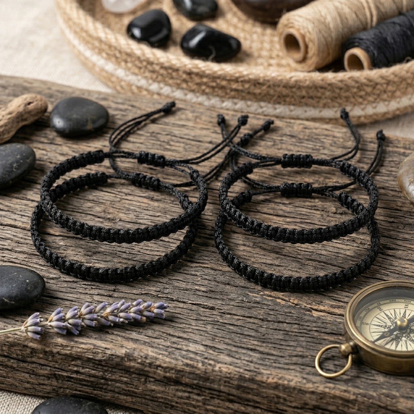 Upharkaro Premium Handmade Black Woven Cord Bracelet Set of 4 | Adjustable Unisex Friendship & Couple Bracelets for Men, Women & Kids | Minimalist Lucky Thread Wrist Bands