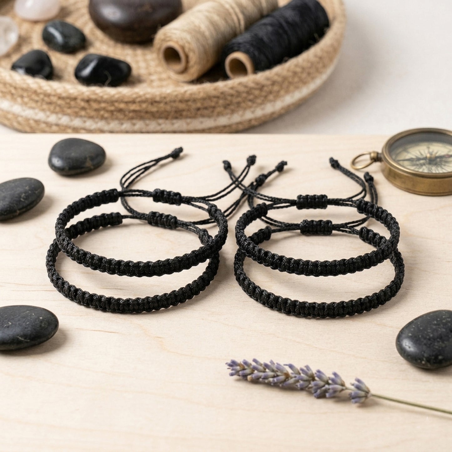 Upharkaro Premium Handmade Black Woven Cord Bracelet Set of 4 | Adjustable Unisex Friendship & Couple Bracelets for Men, Women & Kids | Minimalist Lucky Thread Wrist Bands
