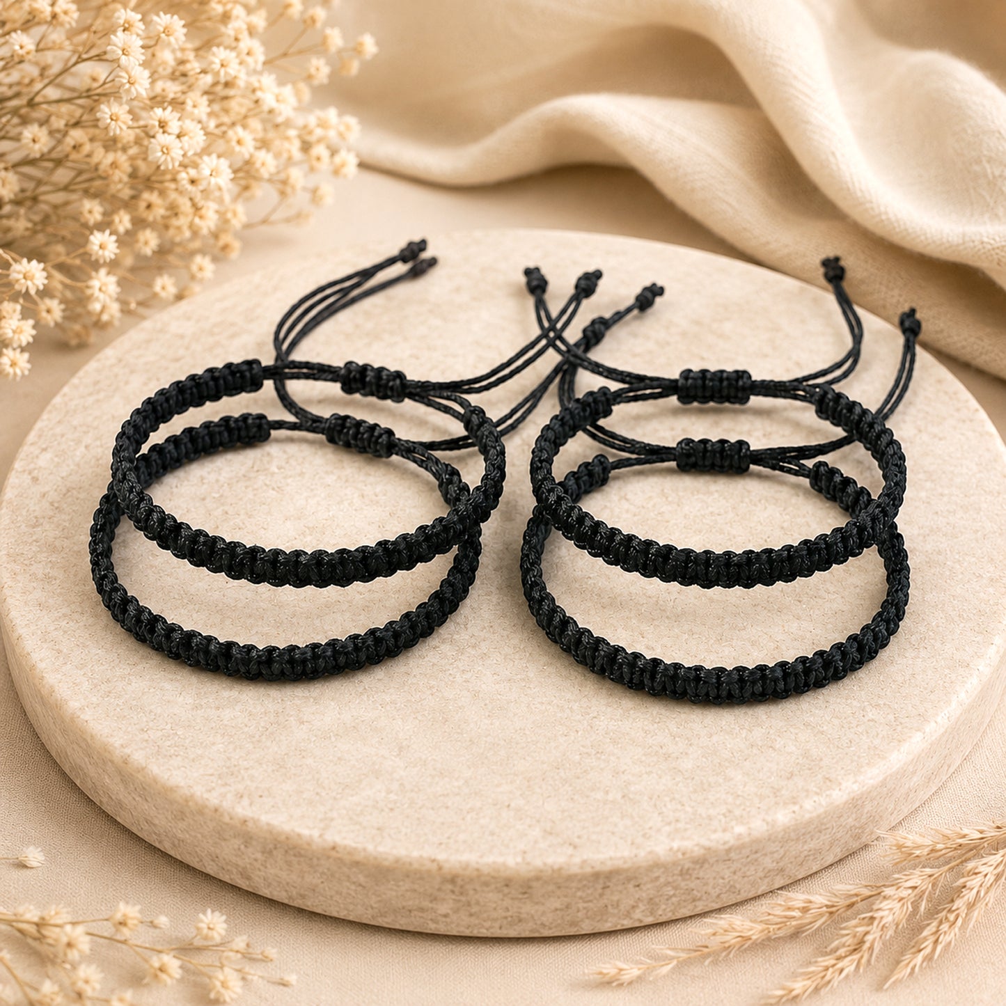 Upharkaro Premium Handmade Black Woven Cord Bracelet Set of 4 | Adjustable Unisex Friendship & Couple Bracelets for Men, Women & Kids | Minimalist Lucky Thread Wrist Bands
