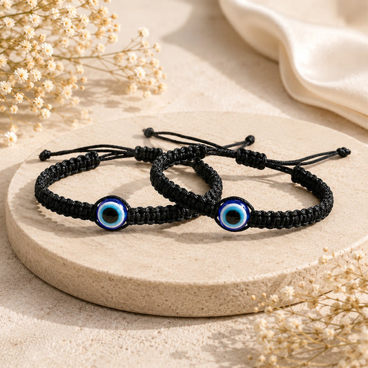 Upharkaro Handmade Evil Eye Protection Black Dhaga Bracelet Pair – Adjustable Braided Nazar Battu Wristband Set for Couples, Friends & Family | Stylish Lucky Charm Bracelet for Daily Wear & Gifting