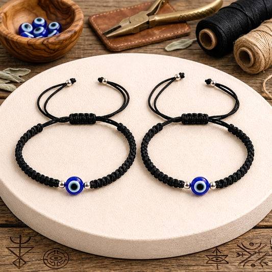 Upharkaro Premium Evil Eye Protection Bracelet Pair | Handmade Adjustable Black Dhaga Nazar Battu Bracelets for Men & Women | Lucky Charm Friendship, Couple & Family Wristbands