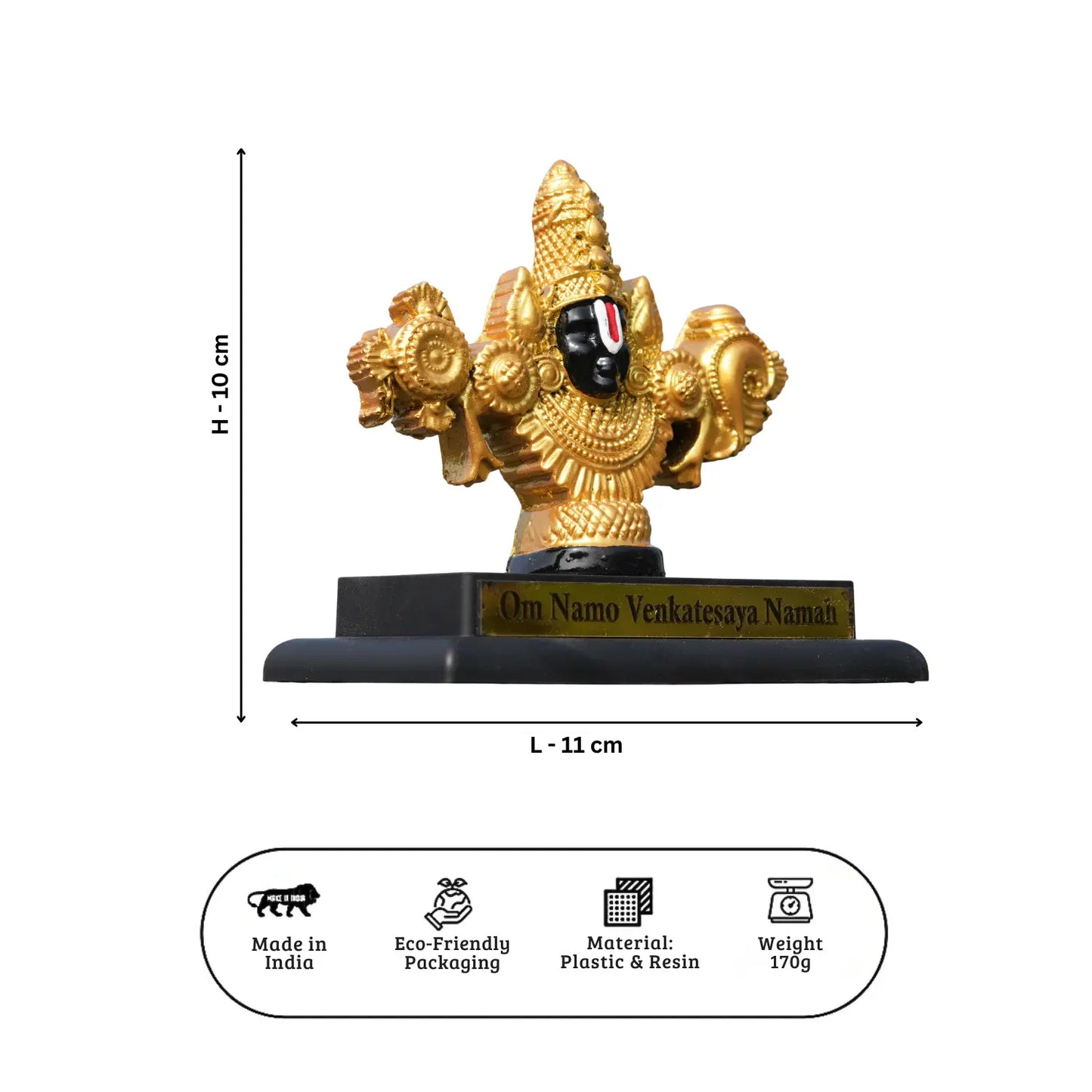 Gold-colored deity statue with dimensions and product details on a white background