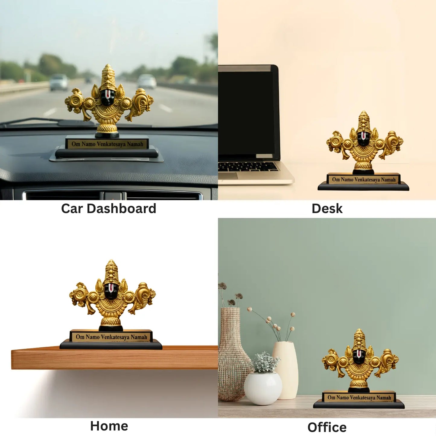 Gold decorative item on car dashboard, laptop, shelf, and wall with text labels.