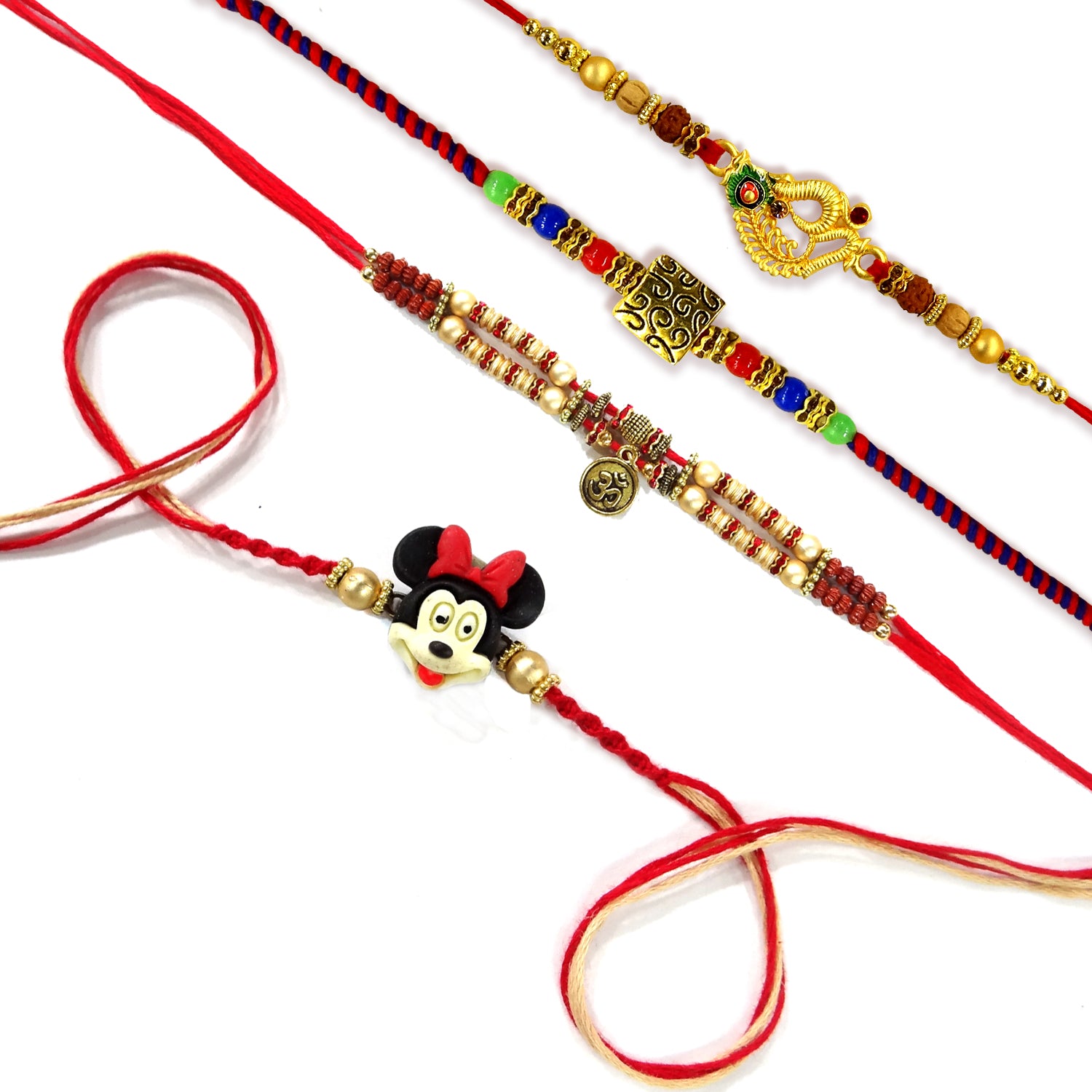 Om & Peacock Designer Rakhi Set with Kids Rakhi – Combo Pack of 4 for Brothers | Upharkaro-Upharkaro