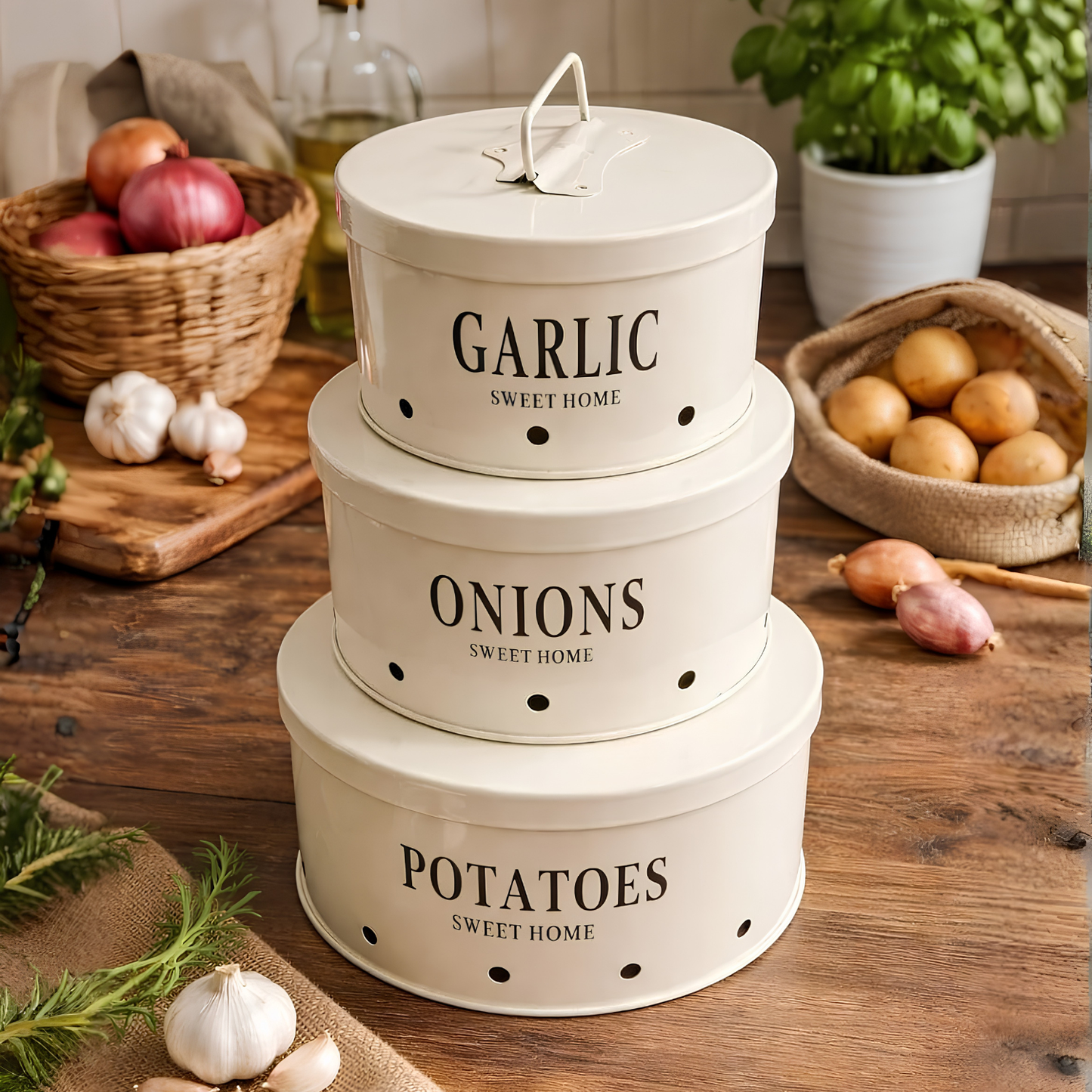 Premium 3-Piece Stainless Steel Kitchen Organizer Canister Set for Potatoes, Onions, and Garlic with Air Ventilation Ventilation Holes