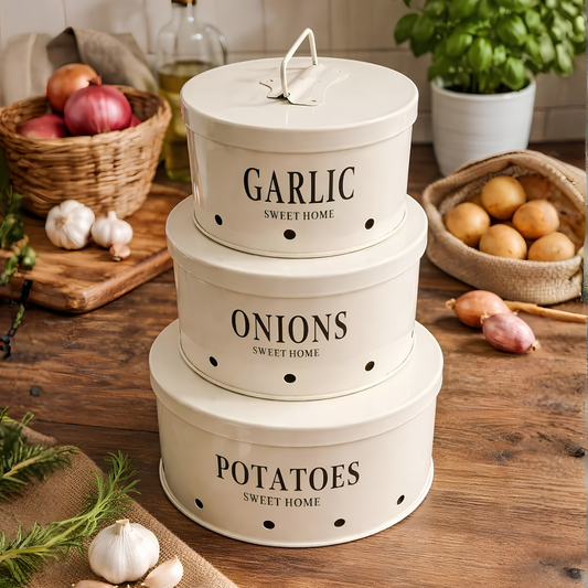 Premium 3-Piece Stainless Steel Kitchen Organizer Canister Set for Potatoes, Onions, and Garlic with Air Ventilation Ventilation Holes