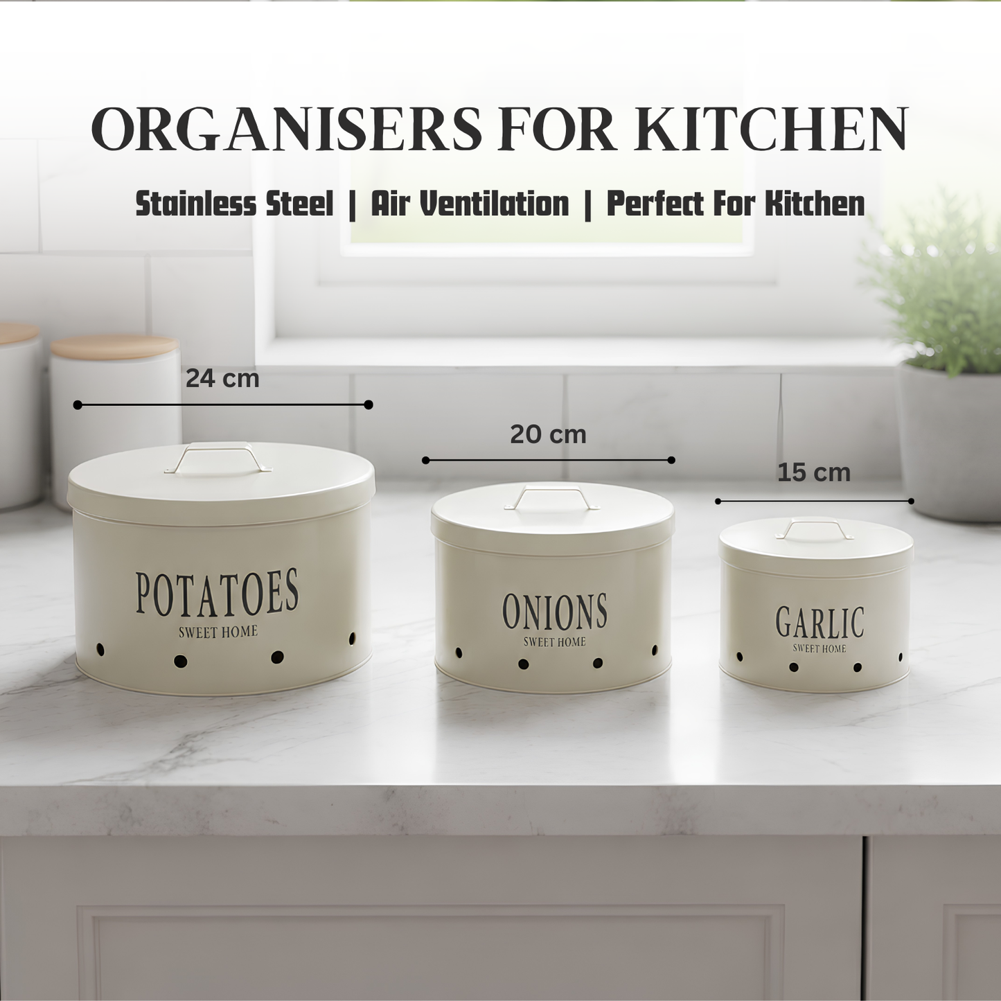 Premium 3-Piece Stainless Steel Kitchen Organizer Canister Set for Potatoes, Onions, and Garlic with Air Ventilation Ventilation Holes