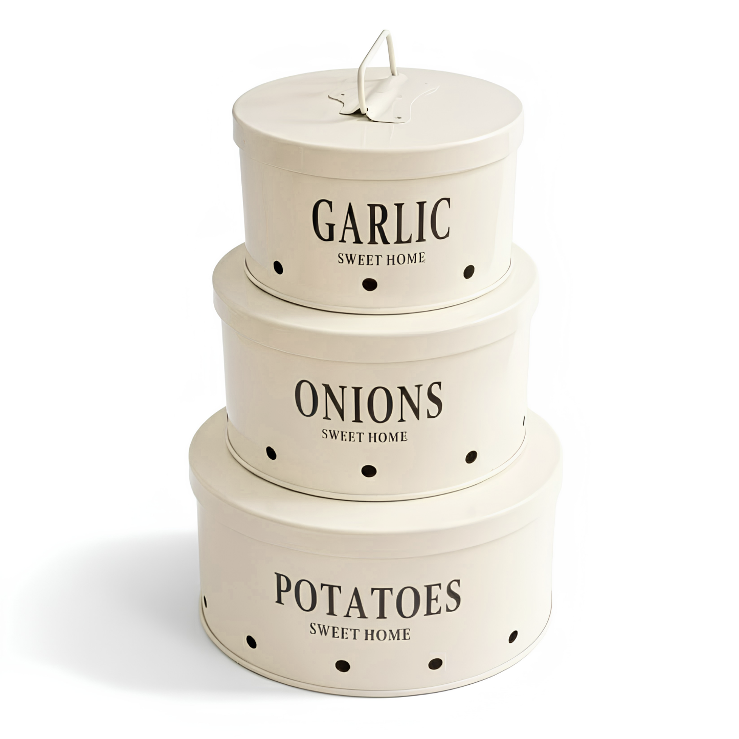 Premium 3-Piece Stainless Steel Kitchen Organizer Canister Set for Potatoes, Onions, and Garlic with Air Ventilation Ventilation Holes