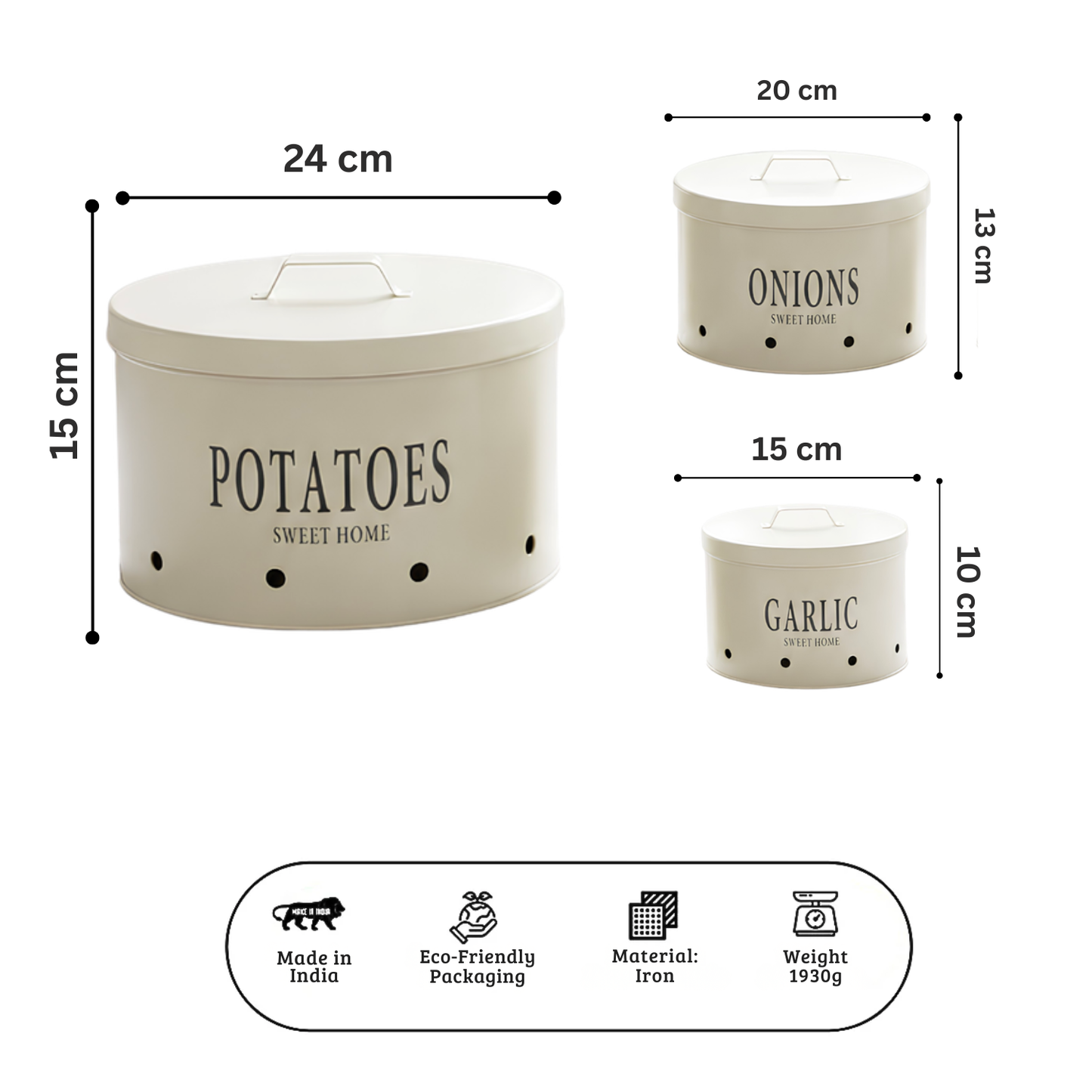 Premium 3-Piece Stainless Steel Kitchen Organizer Canister Set for Potatoes, Onions, and Garlic with Air Ventilation Ventilation Holes