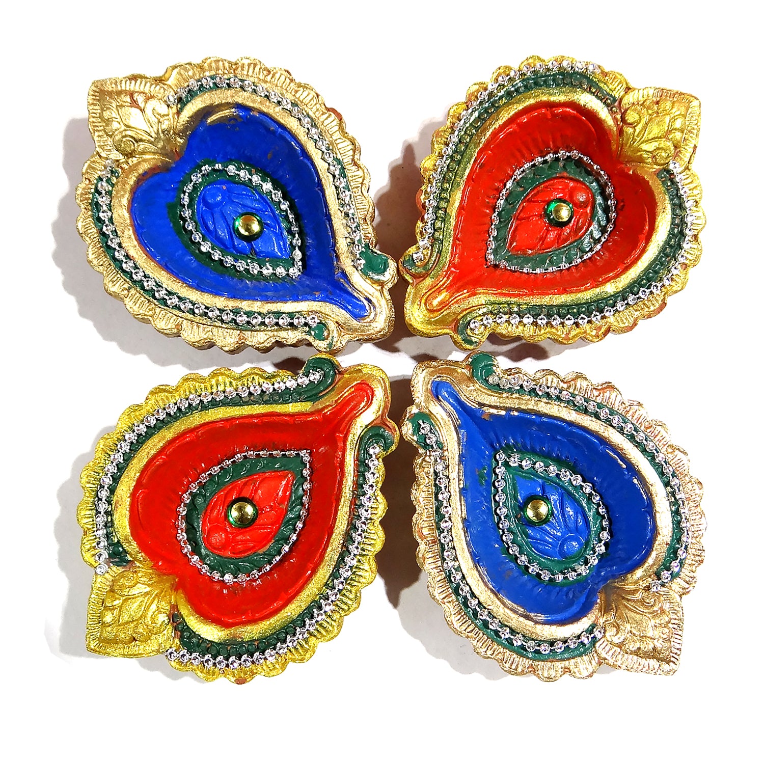Four colorful decorative items with gold borders on a white background