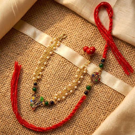 Premium Peacock Designer Bhaiya Bhabhi Rakhi Set with Multicolor Stones, Pearl Chain & Golden Beads | Elegant Couple Rakhi for Raksha Bandhan