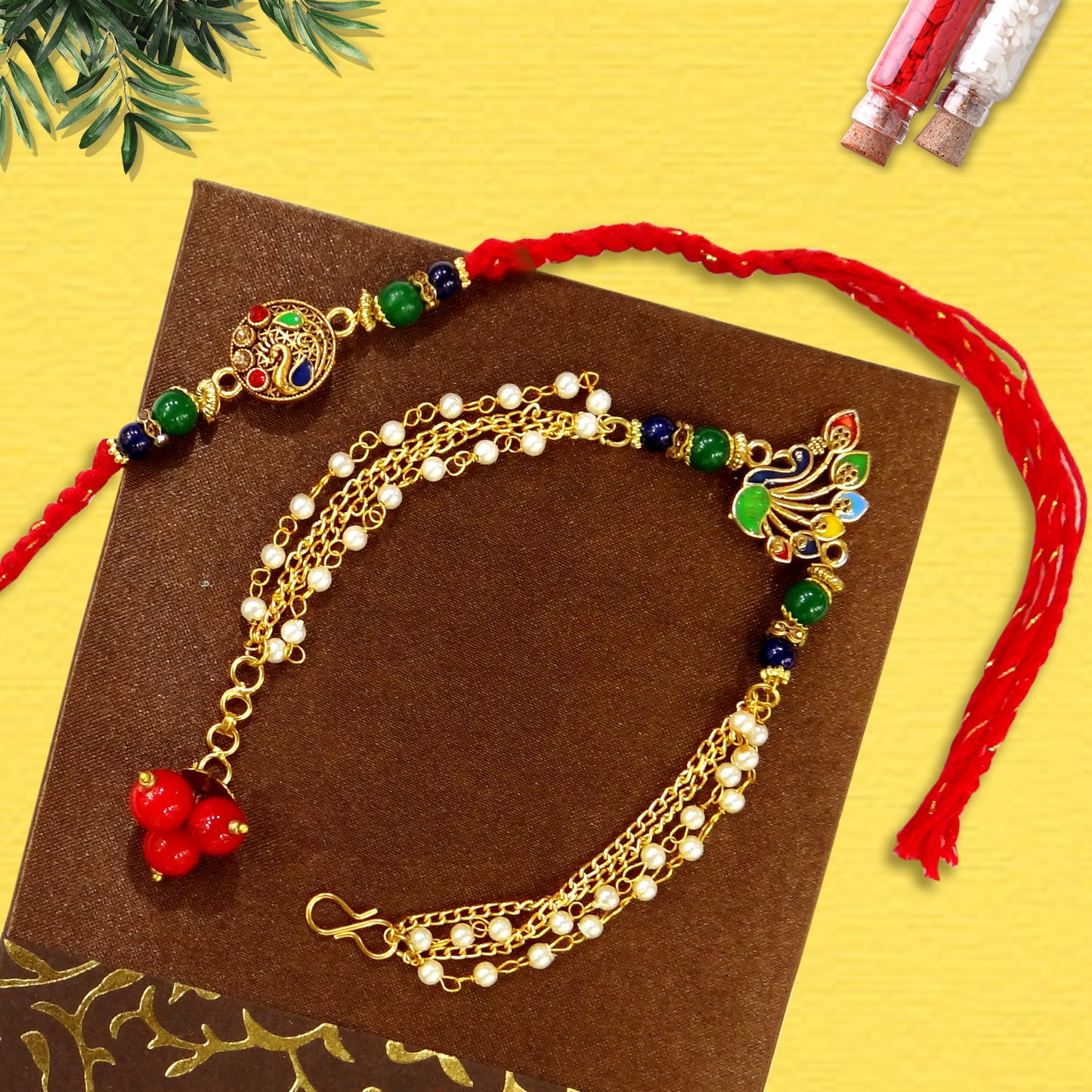 Premium Peacock Designer Bhaiya Bhabhi Rakhi Set with Multicolor Stones, Pearl Chain & Golden Beads | Elegant Couple Rakhi for Raksha Bandhan
