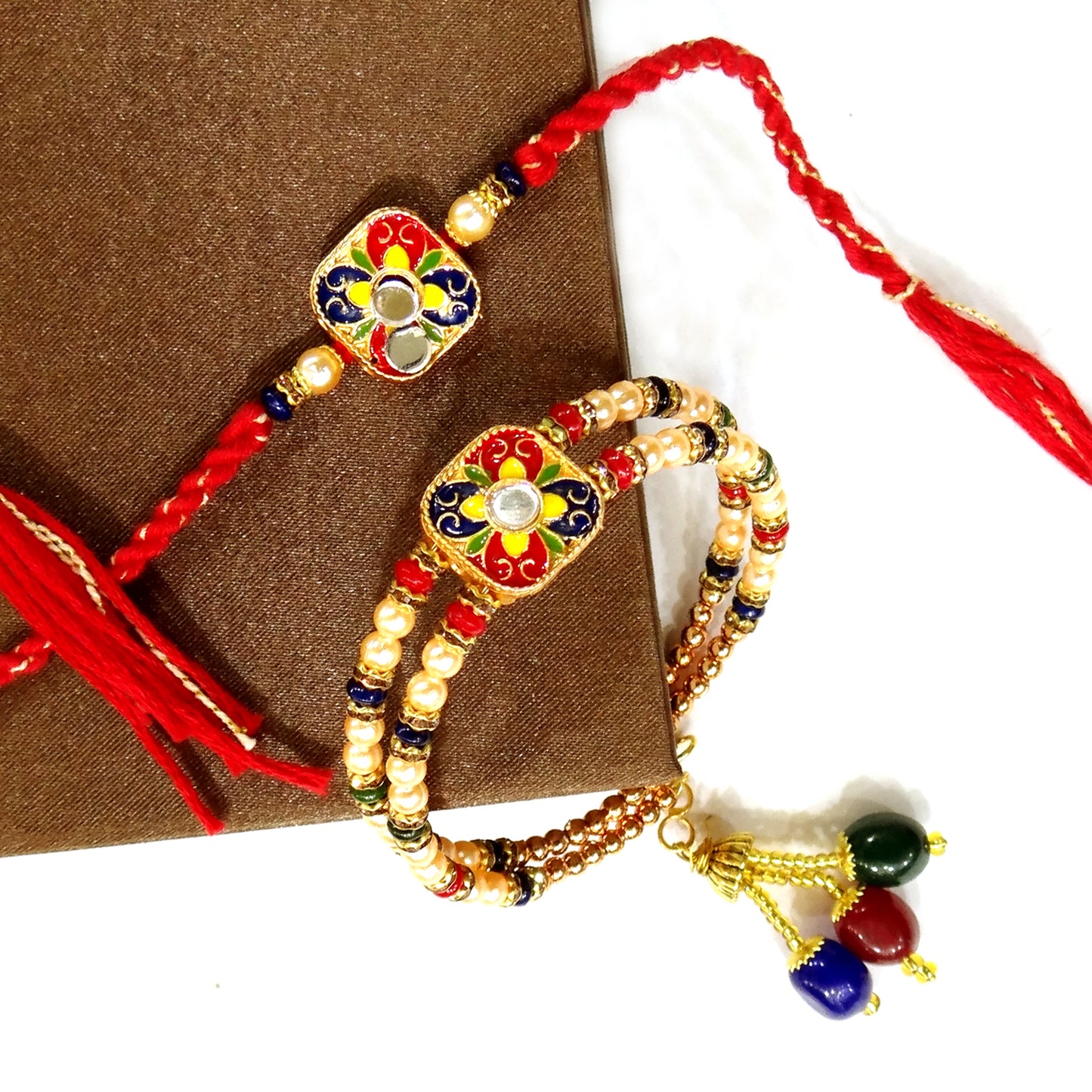 Elegant Meenakari Bhaiya Bhabhi Rakhi Set with Kundan & Beads | Designer Lumba Couple Rakhi