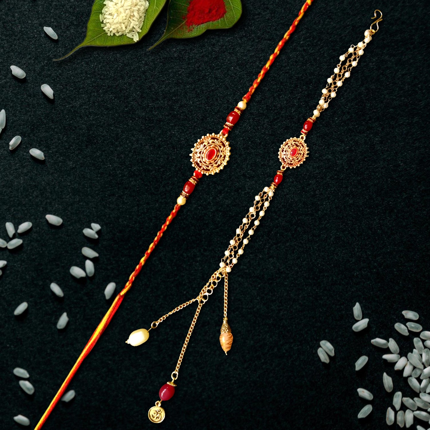 Premium Bhaiya Bhabhi Rakhi Set with Kundan Centerpiece & Pearl Chain | Elegant Couple Rakhi for Raksha Bandhan