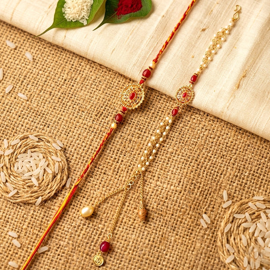 Premium Bhaiya Bhabhi Rakhi Set with Kundan Centerpiece & Pearl Chain | Elegant Couple Rakhi for Raksha Bandhan