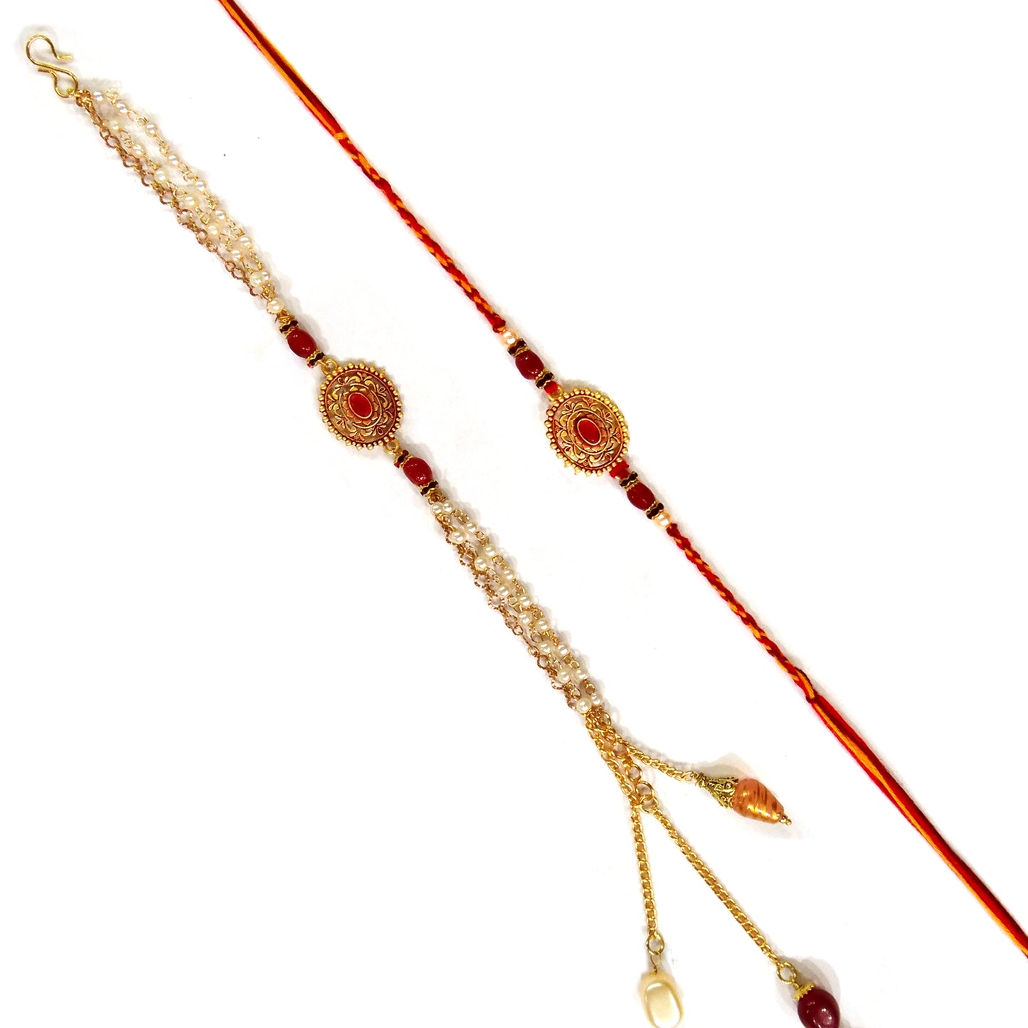 Premium Bhaiya Bhabhi Rakhi Set with Kundan Centerpiece & Pearl Chain | Elegant Couple Rakhi for Raksha Bandhan