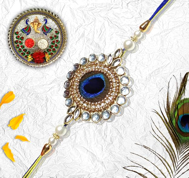 Premium Peacock Feather Designer Rakhi with Kundan & Pearl Beads for Brother | Royal Morpankh Rakhi By Upharkaro